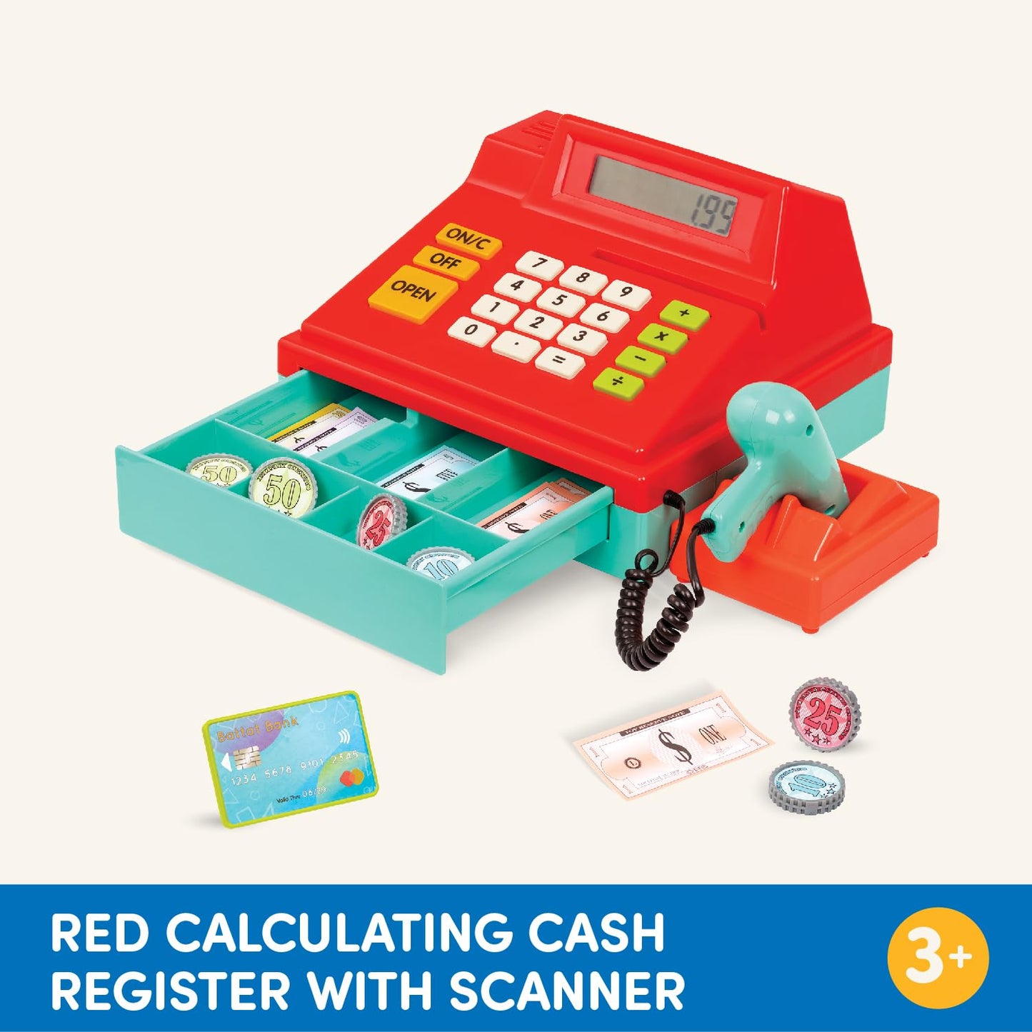 Casă de marcat pentru copii Battat cu scanner și sunet, jucărie de tip casă de marcat, casă de marcat electronică pentru supermarket cu calculator – cu accesorii pentru magazin, bani, card de credit, recomandată de la 3 ani (49 piese)