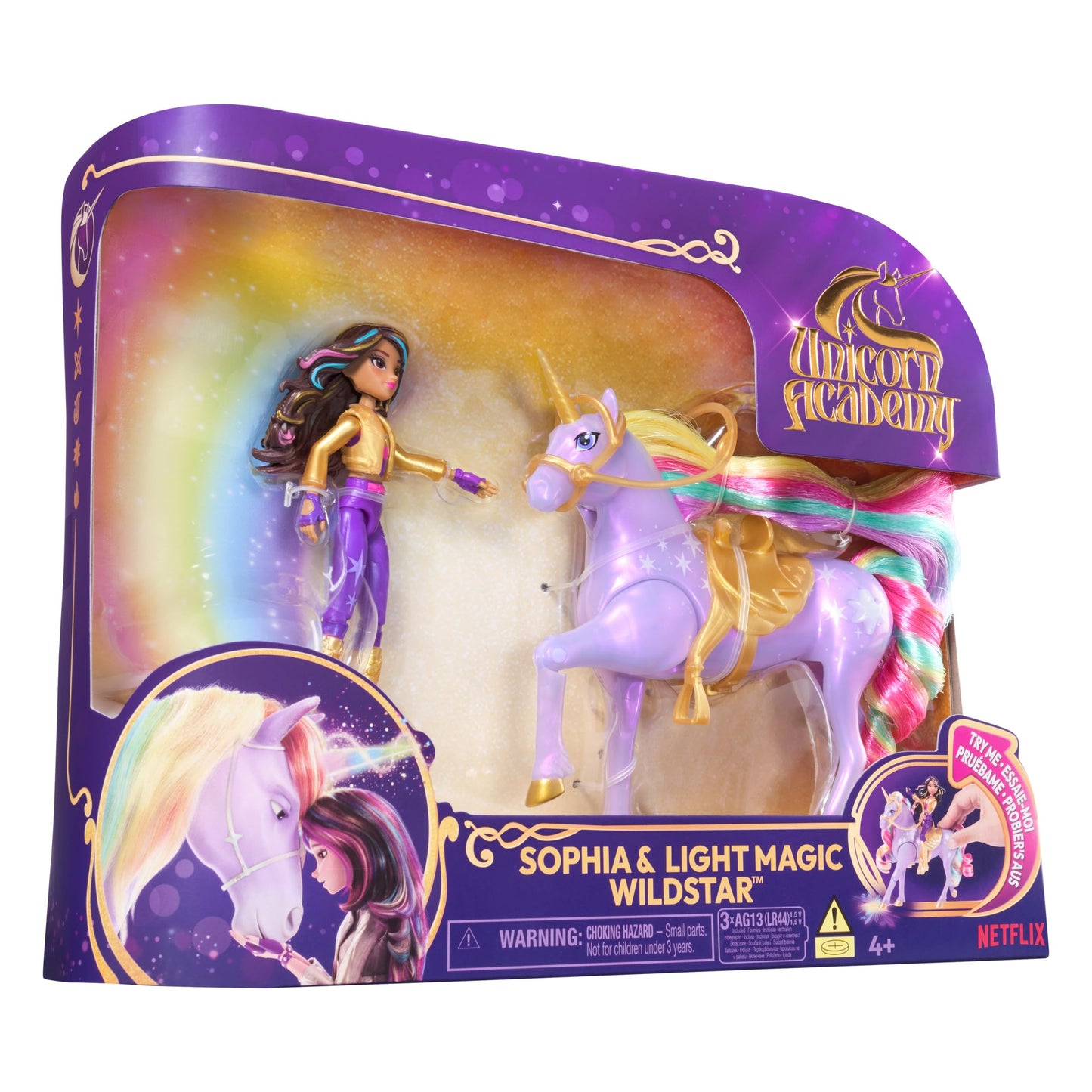 Academia Unicornilor - Figurine originale Wildstar și Sophia de 12 cm din seria Netflix, cu unicorn Wildstar și lumină magică în culori de curcubeu, pentru copii de la 4 ani.