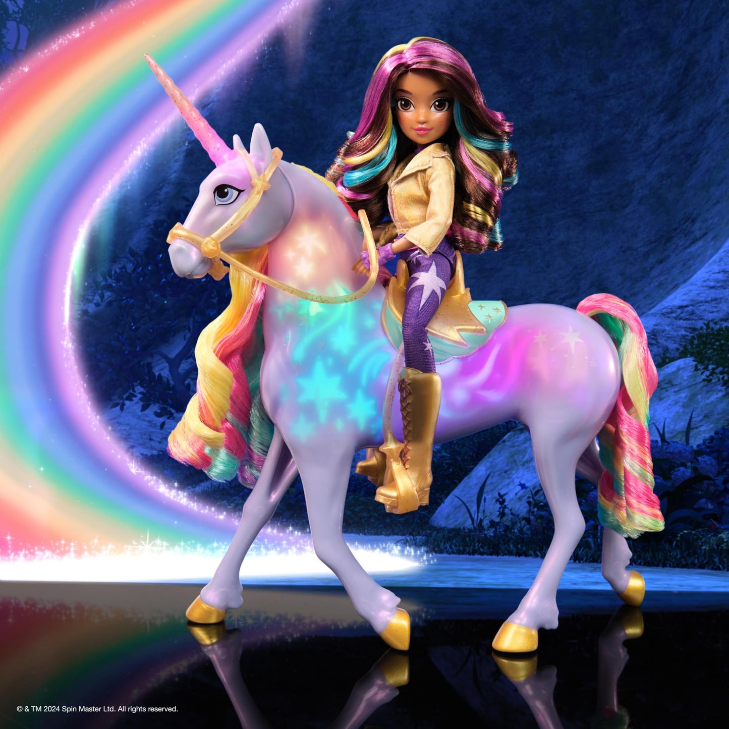 Academia Unicornilor - Sophia și Magia Luminii Wildstar - Unicorn de 28 cm cu efecte de lumină și sunet și păpușă de 24 cm complet mobilă, inspirată de seria Netflix, pentru copii de la 4 ani.