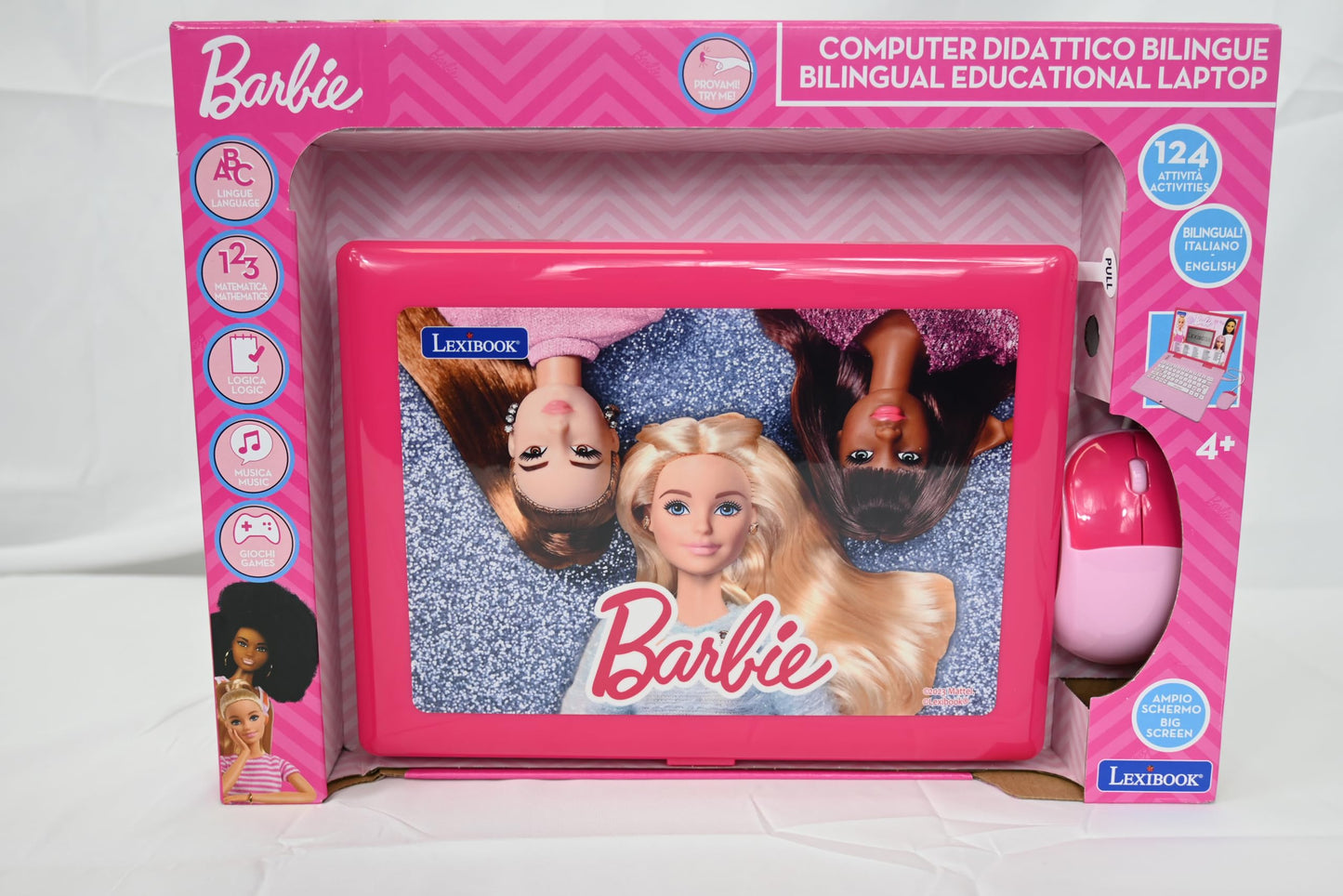 Laptop educativ Lexibook JC598BBi5 Barbie, bilingv (engleză/italiană), cu 124 de activități pentru învățare, joacă și muzică, roz.