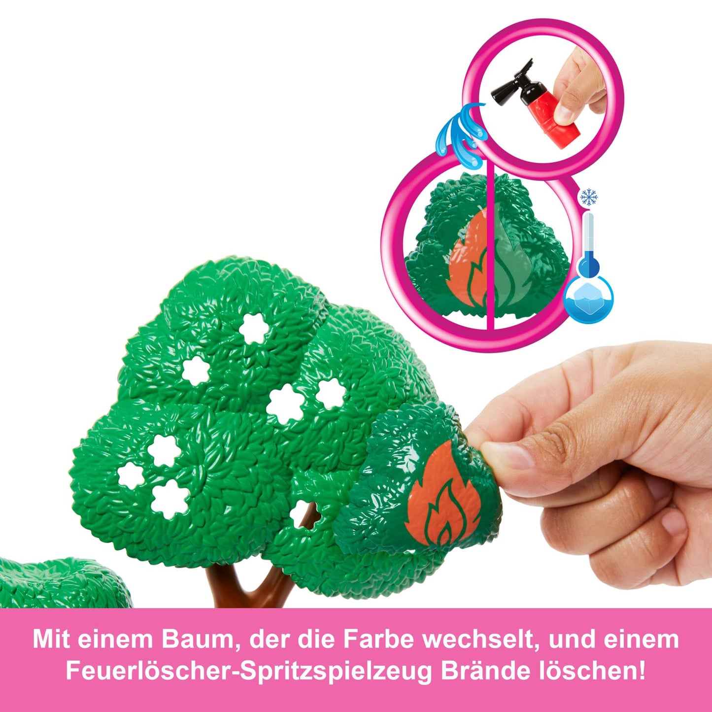 Păpușa Barbie - Carieră Pompier cu Set de Joacă: Stație de Pompieri, Copac, 2 Animale, Efect de Schimbare a Culorii și Peste 10 Accesorii, Inclusiv Extinctor cu Funcție de Stropire, Cod HRG55