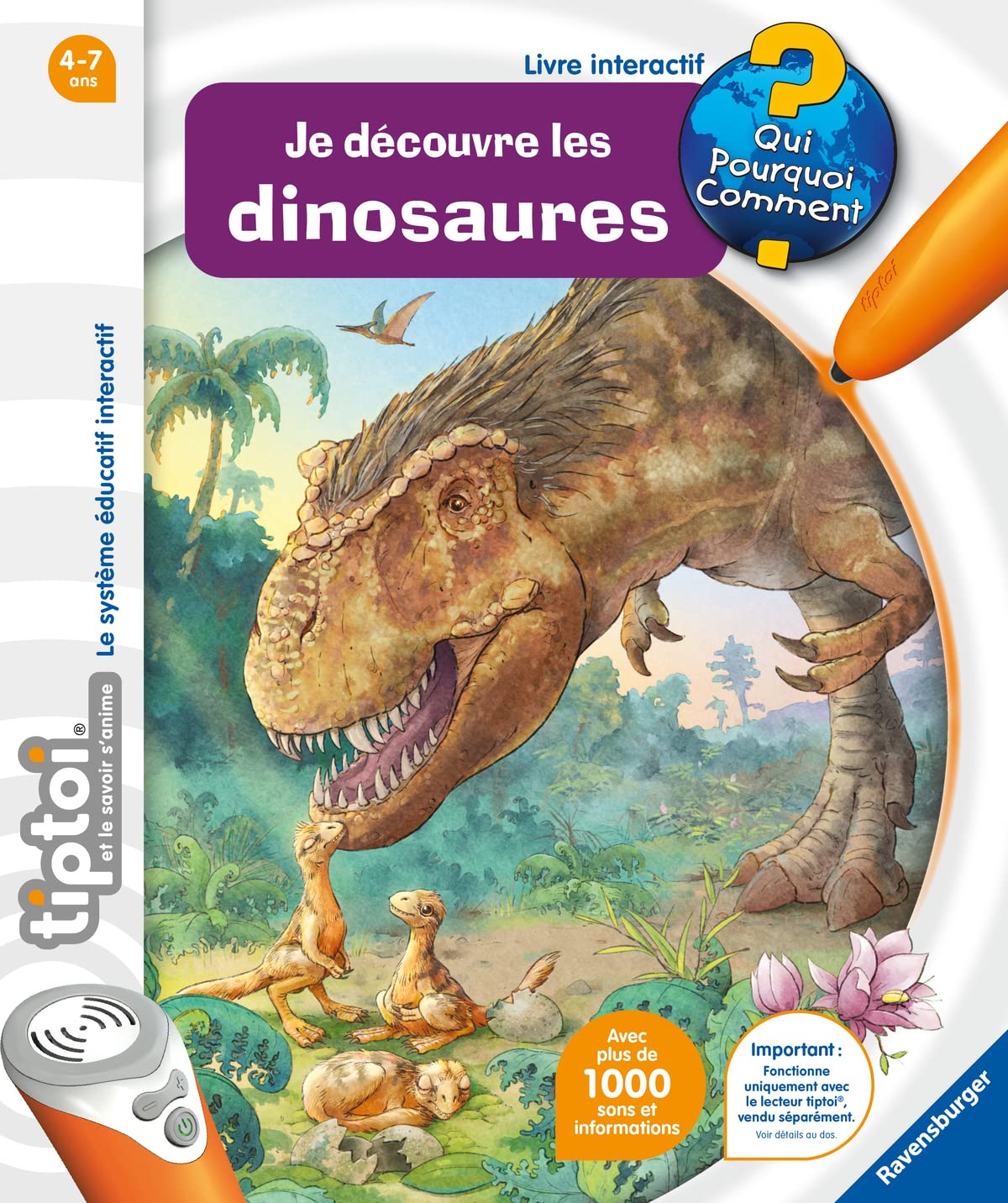 Ravensburger tiptoi® – Set complet cu player interactiv + carte „Descopăr dinozaurii” – joc educativ electronic, fără ecran – de la 4 ani – versiune în limba franceză – 00 143