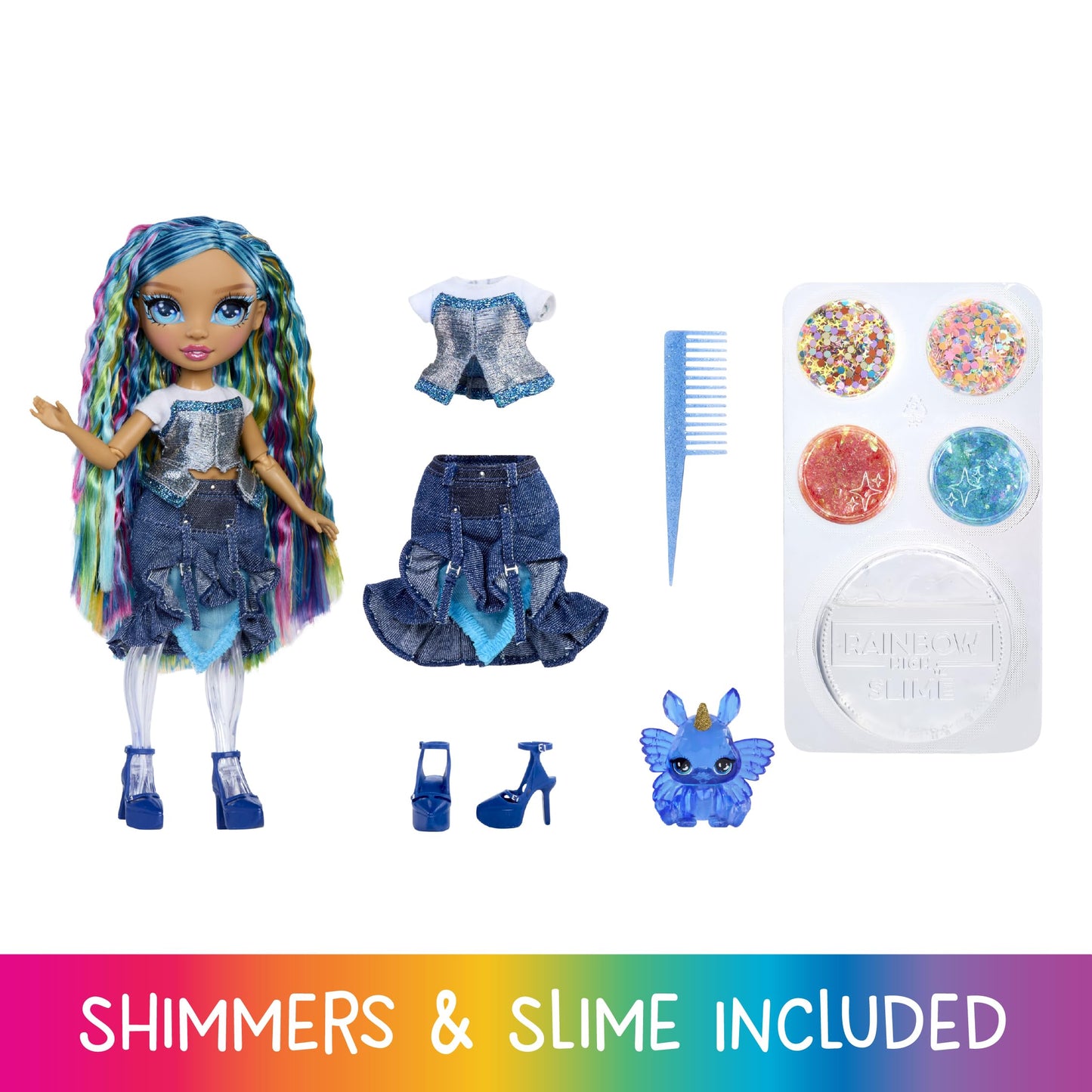 Rainbow High Rainbow Shimmers cu Slime - Skyler, Albastru - 28 cm Păpușă de Modă cu 1 Set de Slime și 1 Pisicuță de Companie