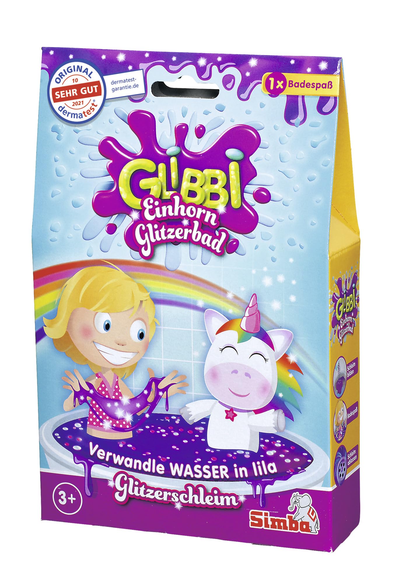 Simba Glibbi Einhorn Set de joacă pentru baie cu sclipici lila – Pulbere non-toxică și prietenoasă cu pielea, Distracție cu slime pentru baie cu efect sclipitor, pentru copii de la 3 ani
