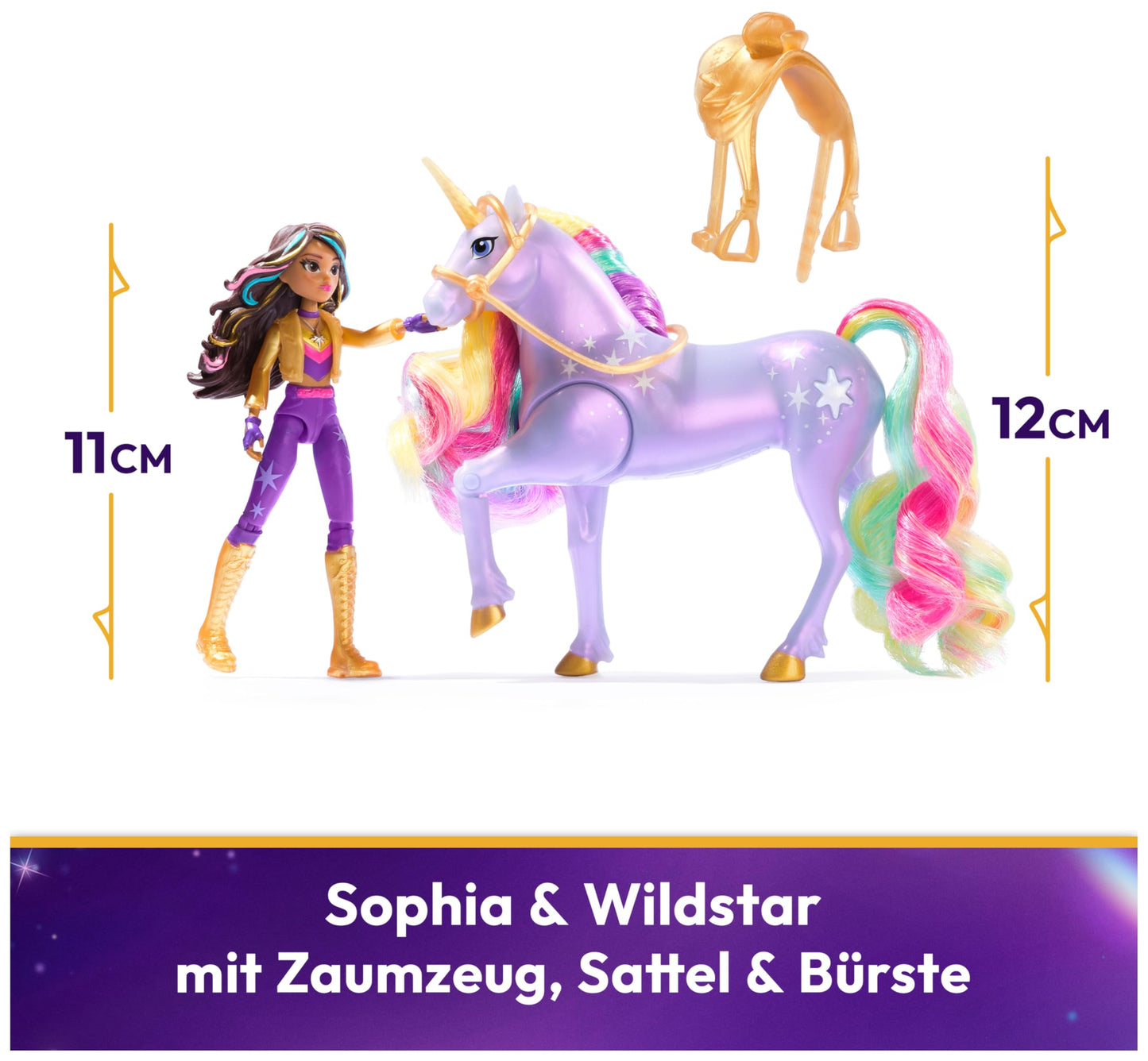 Academia Unicornilor - Figurine originale Wildstar și Sophia de 12 cm din seria Netflix, cu unicorn Wildstar și lumină magică în culori de curcubeu, pentru copii de la 4 ani.