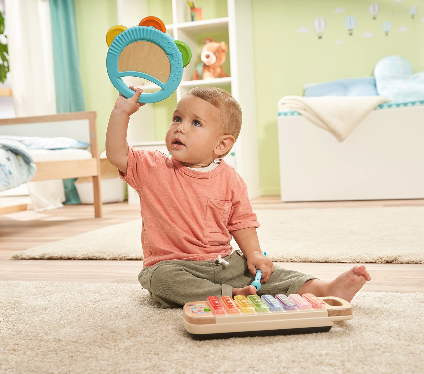 VTech Baby xilofon interactiv din lemn cu tamburin – jucărie muzicală strălucitoare din 100% lemn FSC® – pentru copii de 1,5–4 ani