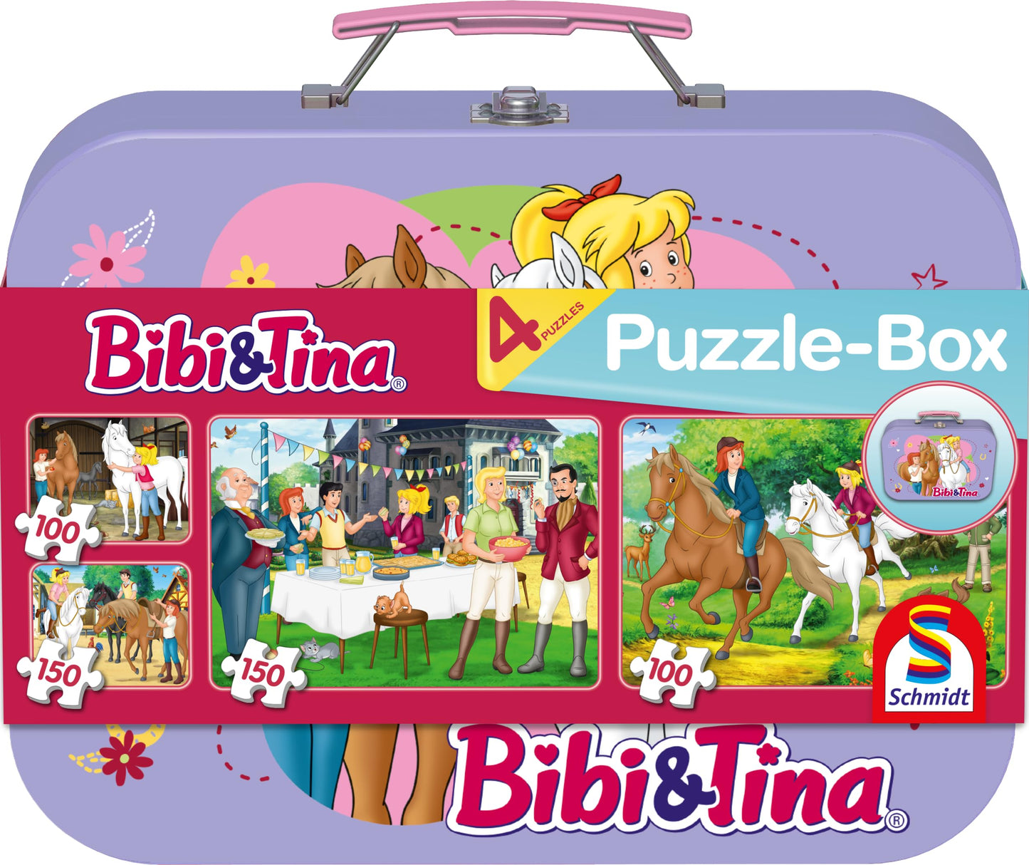 Puzzle Bibi și Tina Schmidt Spiele 55609 în cutie metalică, 2x100 și 2x150 piese, jucărie colorată pentru copii