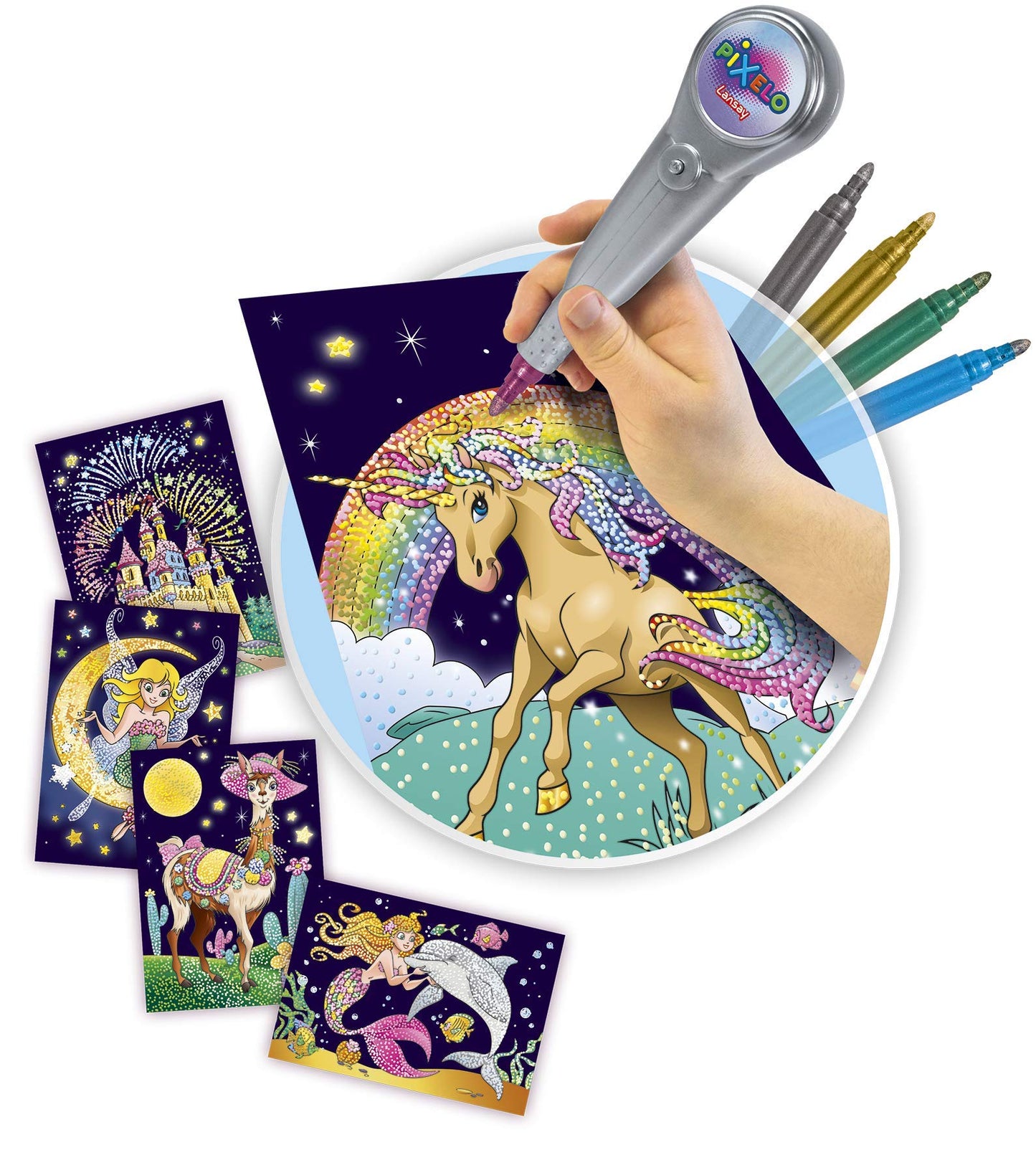 PIXELO - Set metalic - Set de desen cu efecte de puncte și culori metalice - Pictură cu puncte cu stilou electronic pentru copii de la 6 ani - 8 desene - Baterie nu este inclusă - Lansay