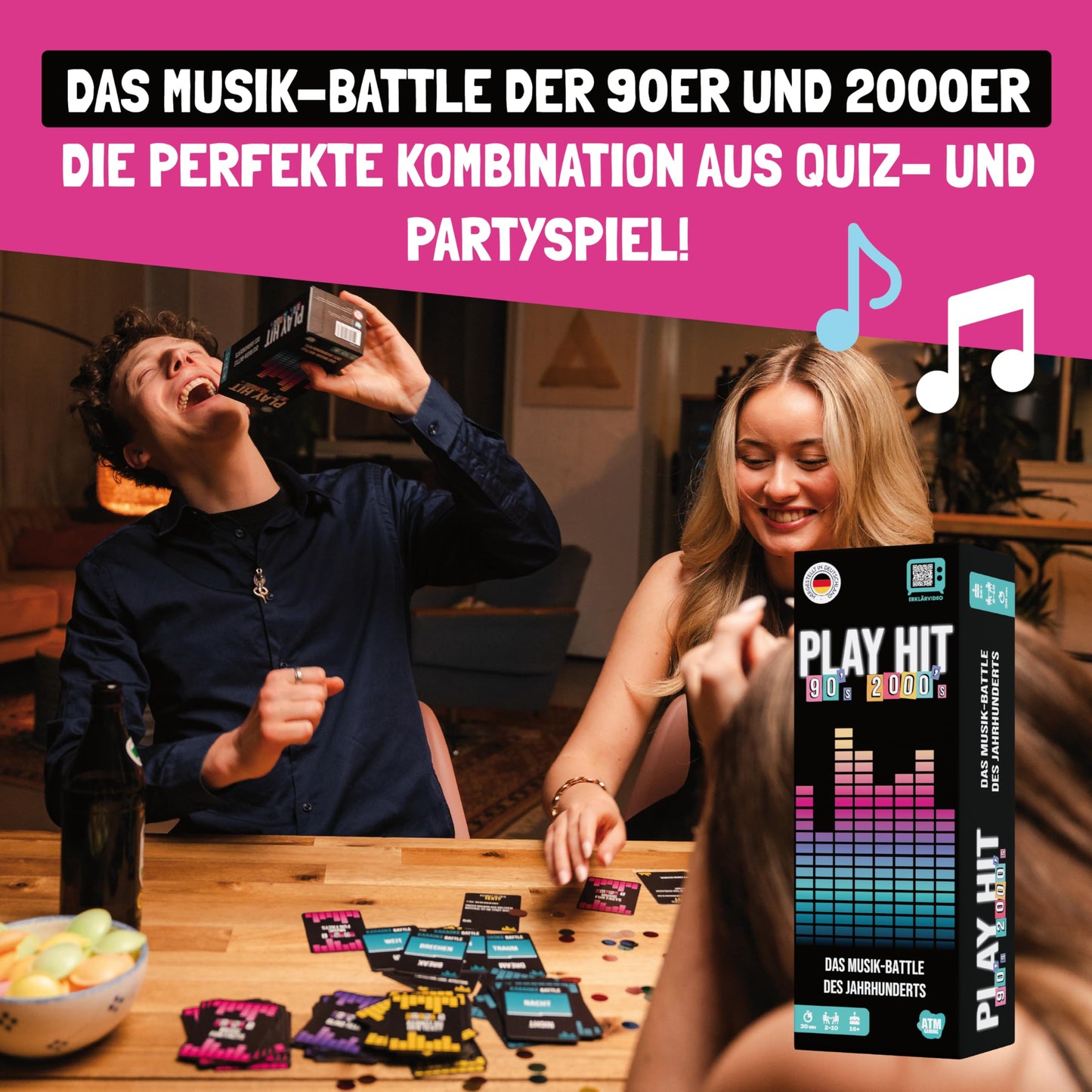 ATM Gaming - PlayHit Joc de societate – Quiz muzical din anii '90 și 2000 – Joc de petrecere și cărți pentru adulți și familii – pentru 2 până la 10 jucători de la 16 ani