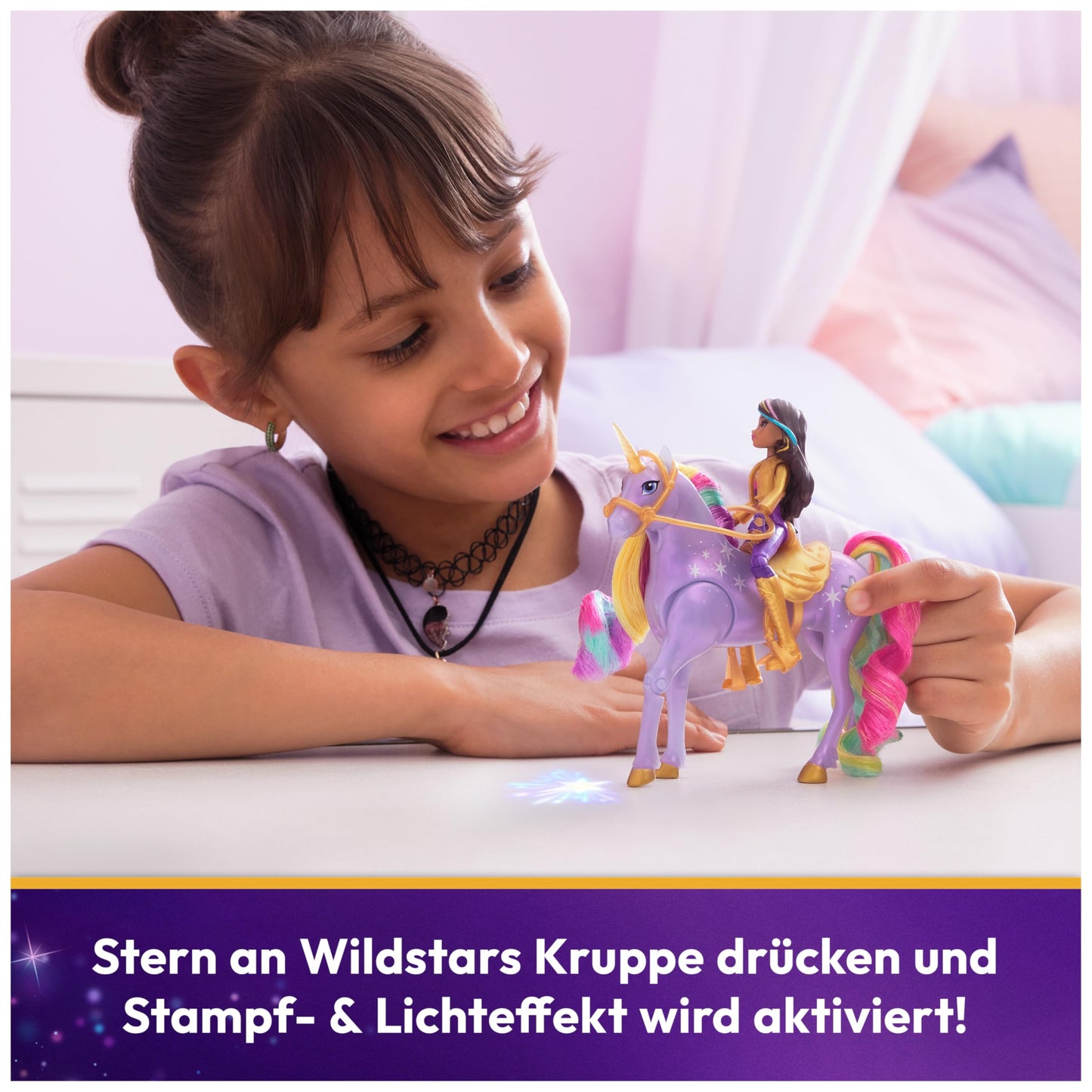 Academia Unicornilor - Figurine originale Wildstar și Sophia de 12 cm din seria Netflix, cu unicorn Wildstar și lumină magică în culori de curcubeu, pentru copii de la 4 ani.