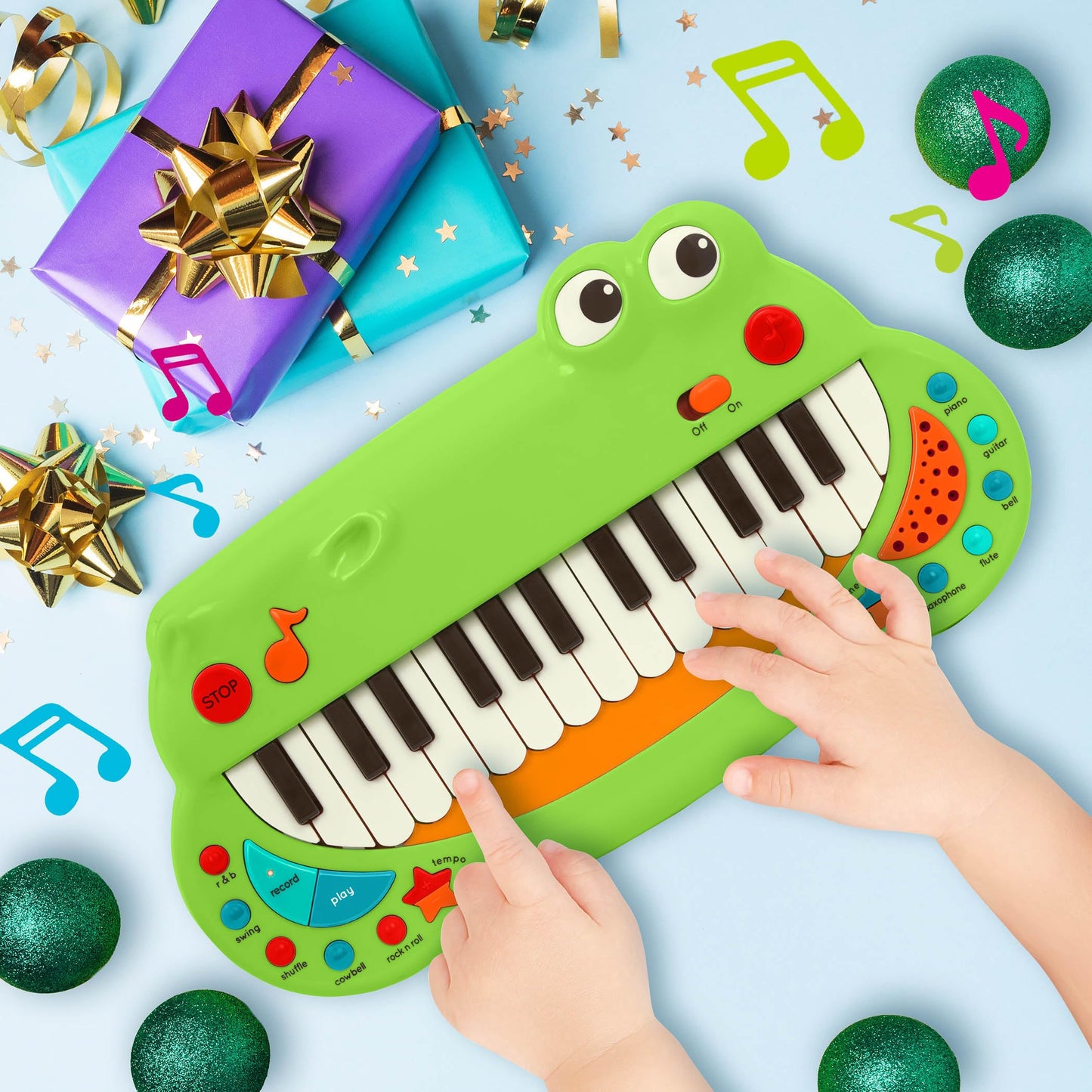 Pian pentru copii Battat Krokodil BT4680Z cu 5 sunete de instrumente și muzică – jucărie muzicală pentru copii de la 3 ani, verde