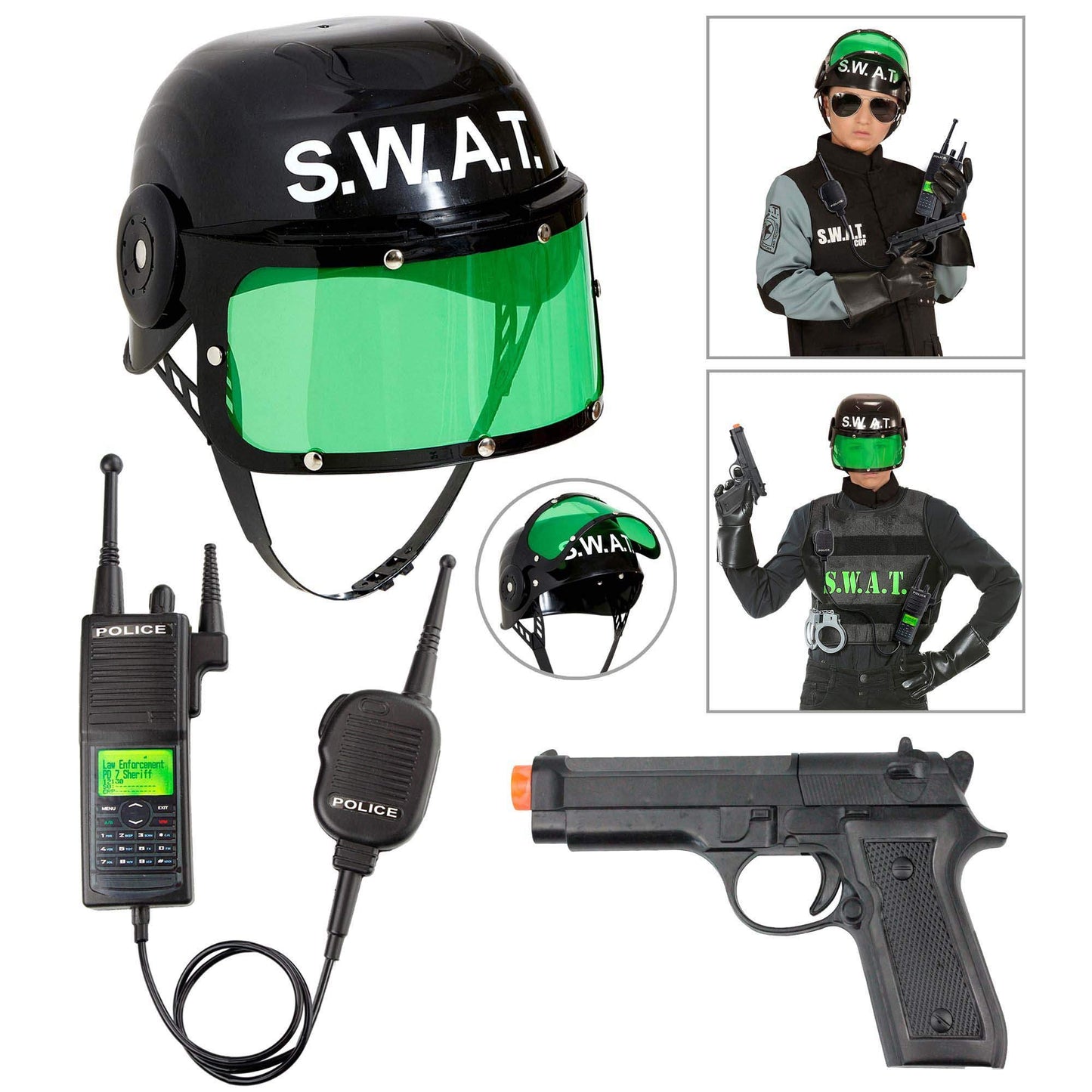 WIDMANN MILANO Party Fashion 28227 - Costum S.W.A.T. pentru copii, cu cască, pistol și stație radio, negru, special pentru carnaval și petreceri tematice