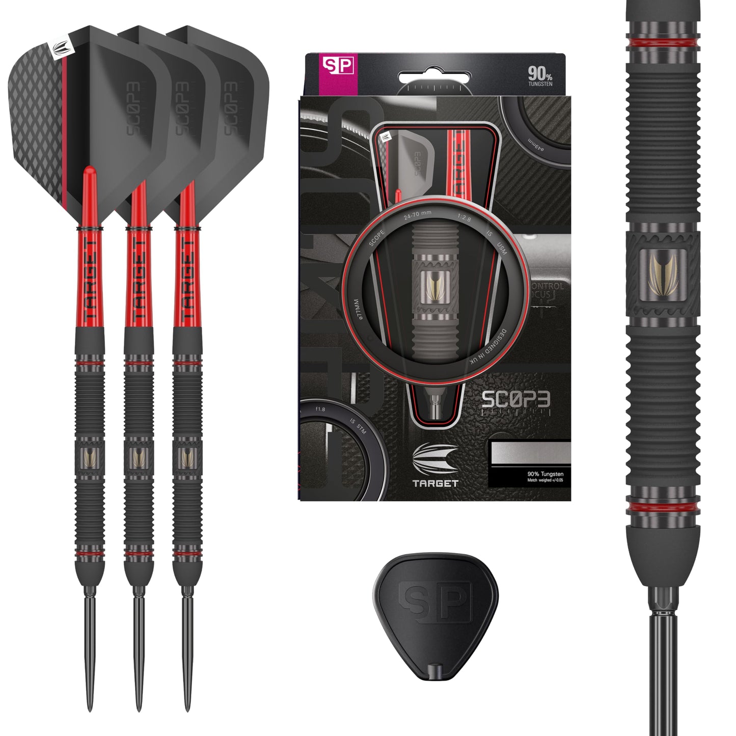 Set de Steeldarts Target Darts Scope Swiss Point, 90% Tungsten, 22G | Darts Profesionale Roșii și Negre, cu Swiss Points și Unelte