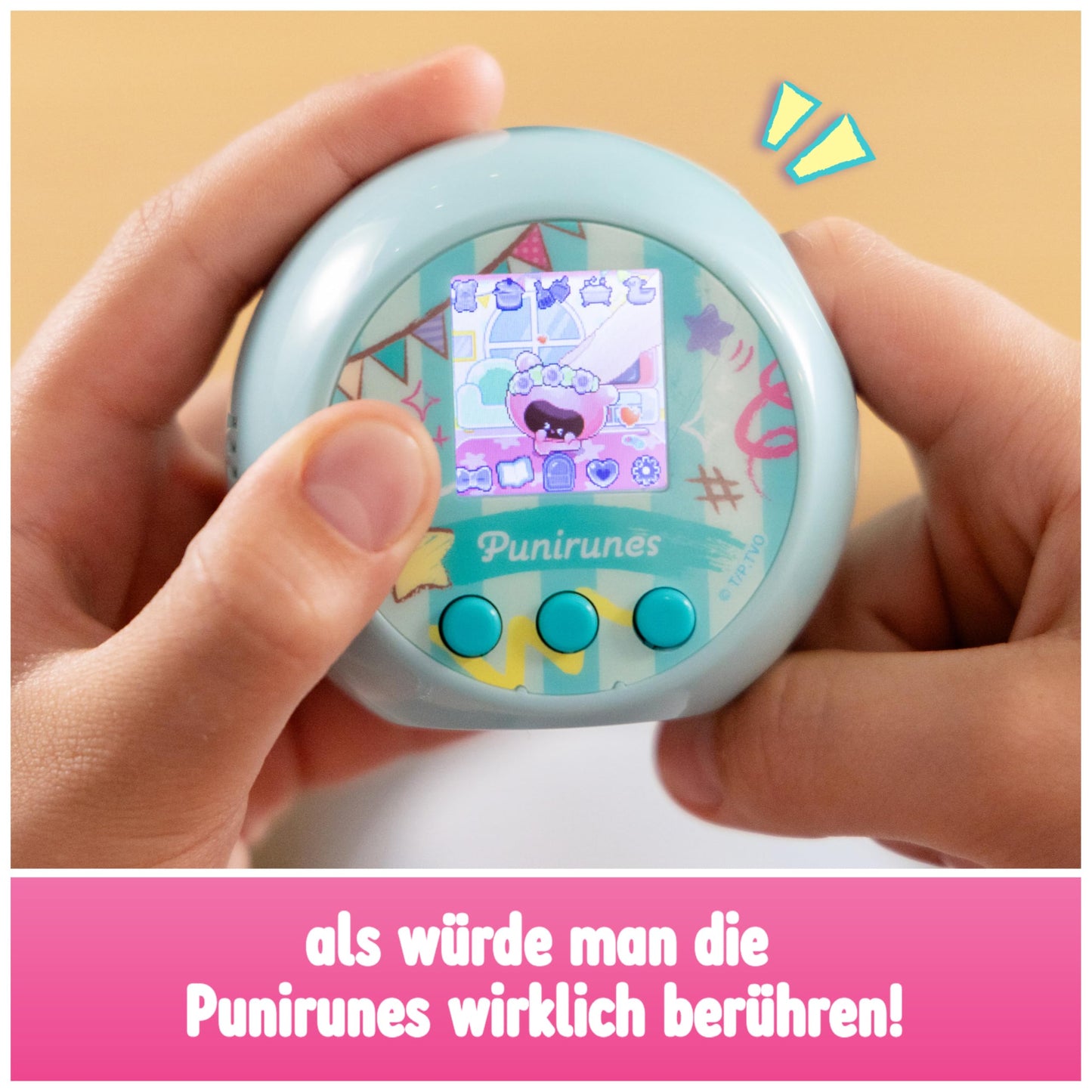 Punirunes - Jucărie digitală interactivă cu display LED și 55 de caractere care reacționează la mișcarea degetului în interiorul cutiei, recomandată de la 5 ani.
