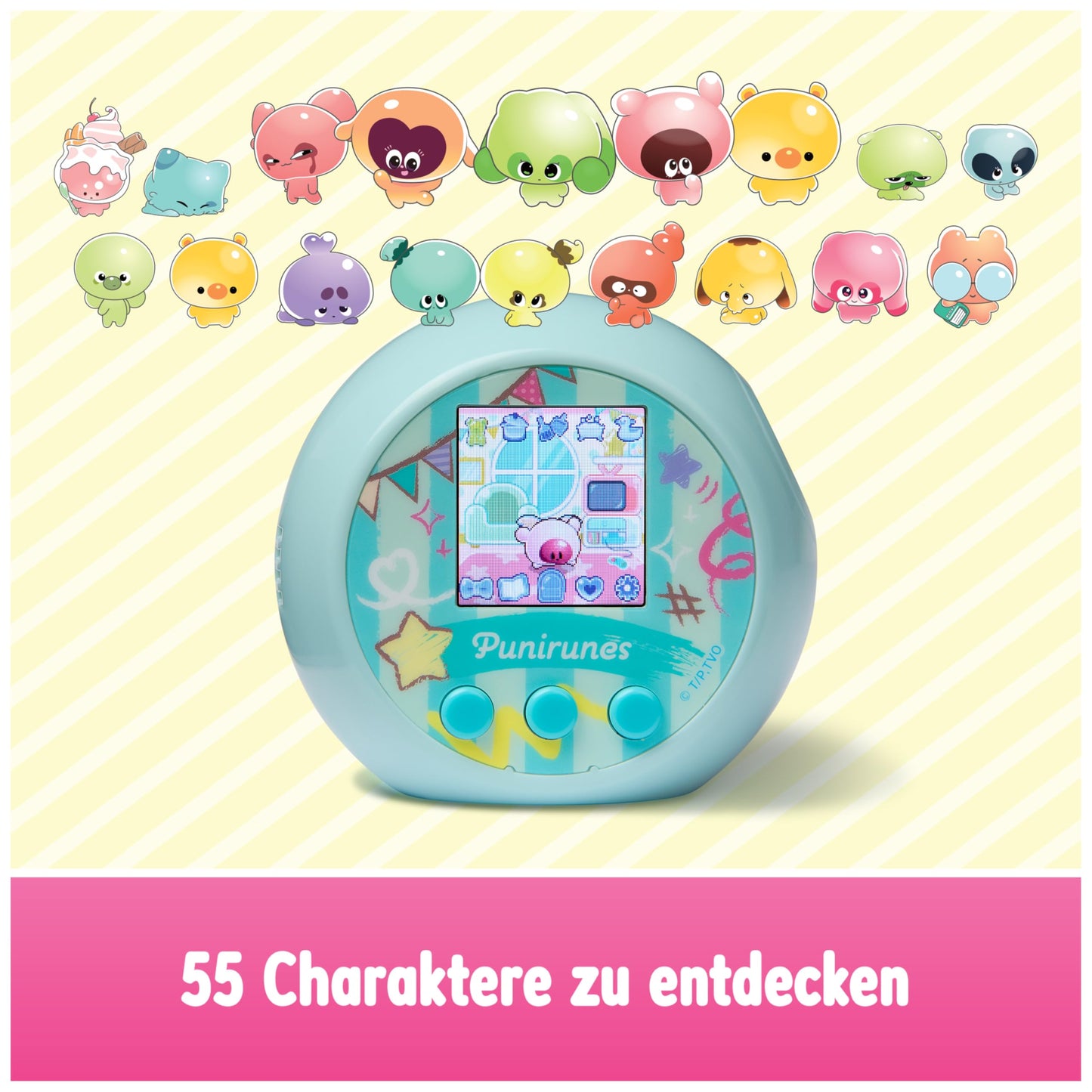 Punirunes - Jucărie digitală interactivă cu display LED și 55 de caractere care reacționează la mișcarea degetului în interiorul cutiei, recomandată de la 5 ani.