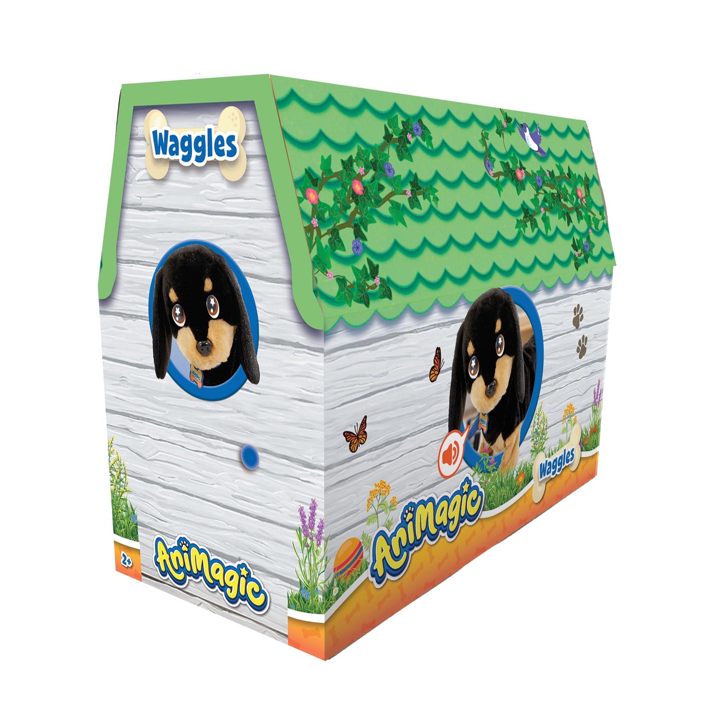 ANIMAGIC Waggles - Peluche Interactiv Câine Dachshund pentru Copii de la 2 Ani - Jucărie Electronică cu Sunet și Mișcare - Ladă și Mână Coada - Adorabil și Distractiv