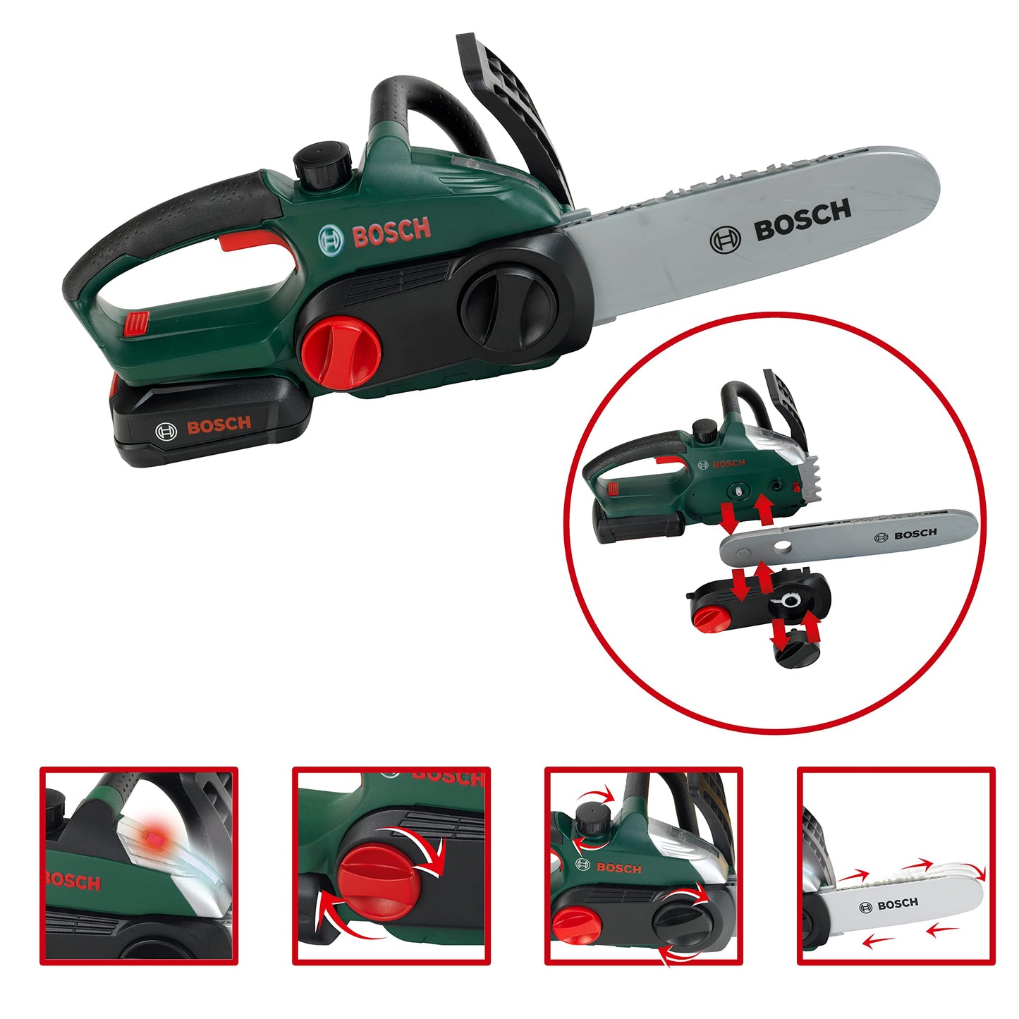 Theo Klein 8399 Bosch Ferăstrău cu Lanț | Reproducere fidelă, adaptată copiilor | Ferăstrău cu funcții de lumină și sunet | Jucărie pentru copii de la 3 ani