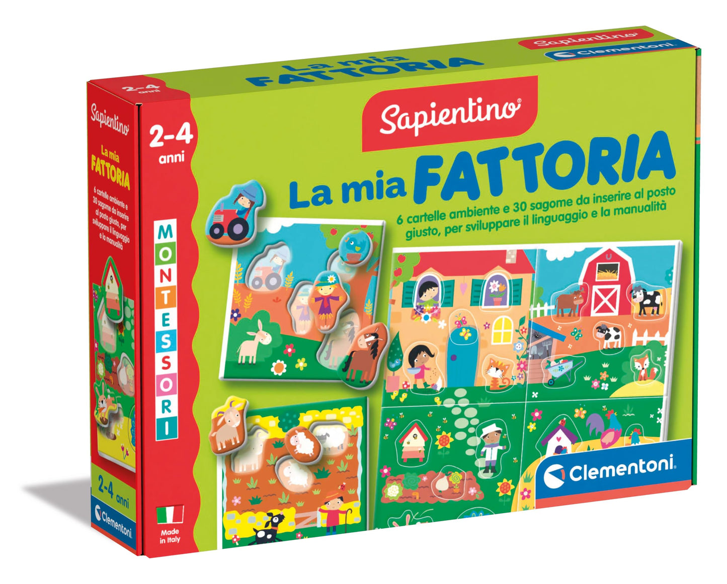 Clementoni Sapientino Montessori - Ferma Mea, Joc educativ cu animale puzzle pentru copii 2-4 ani, Dezvoltarea limbajului și abilităților tactile, Fabricat în Italia, cod 16856