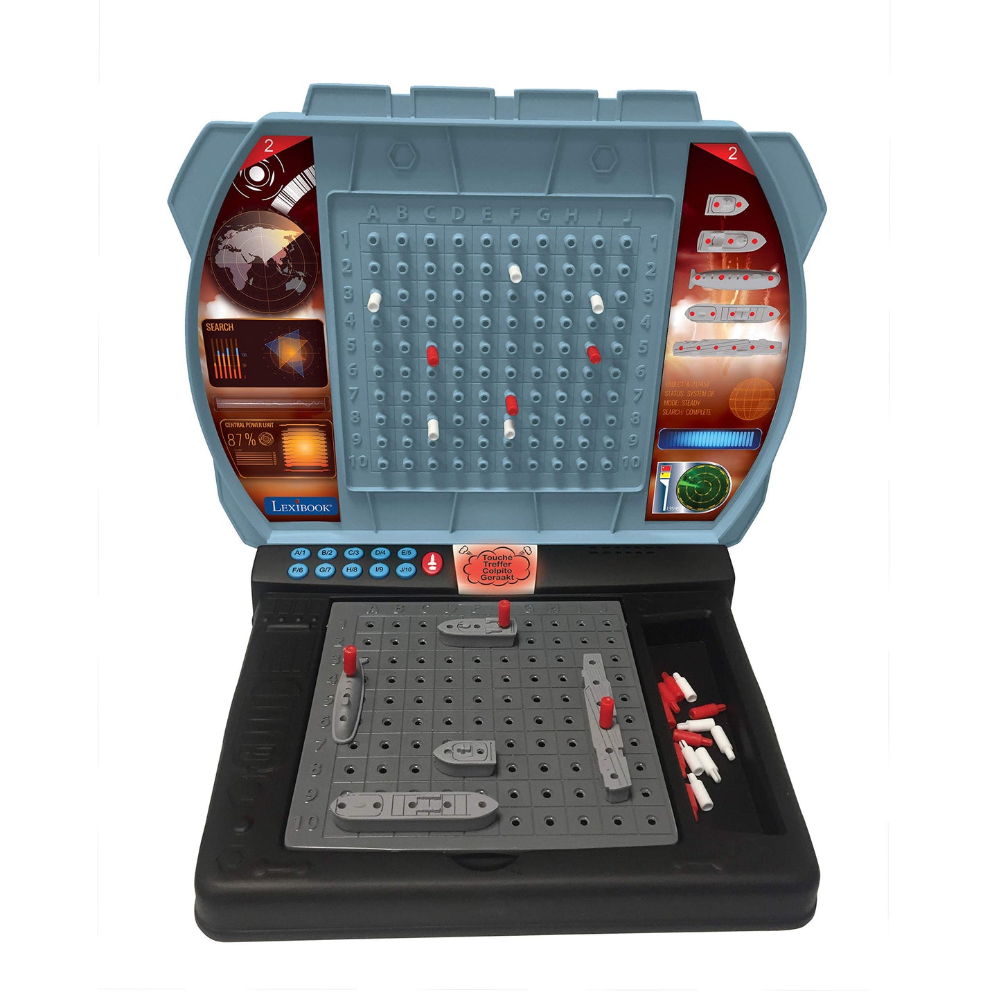 Lexibook - GT2800 Bătălia Maritimă Vorbitoare (Franceză, Italiană, Olandeză, Germană), Joc de Masă Interactiv pentru 1 sau 2 Jucători, cu Efecte Sonore, Strategie, Funcționează pe Baterii, Gri/Negru