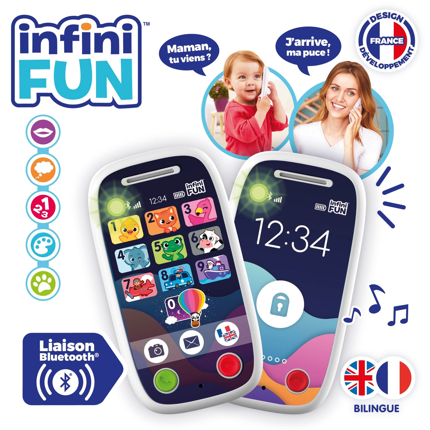 Infini Fun - Primul meu adevărat duo de telefoane – primul telefon care permite apeluri prin Bluetooth. Jucărie de imitație, multilingvă, franceză/engleză, pentru copii de la 12 luni.