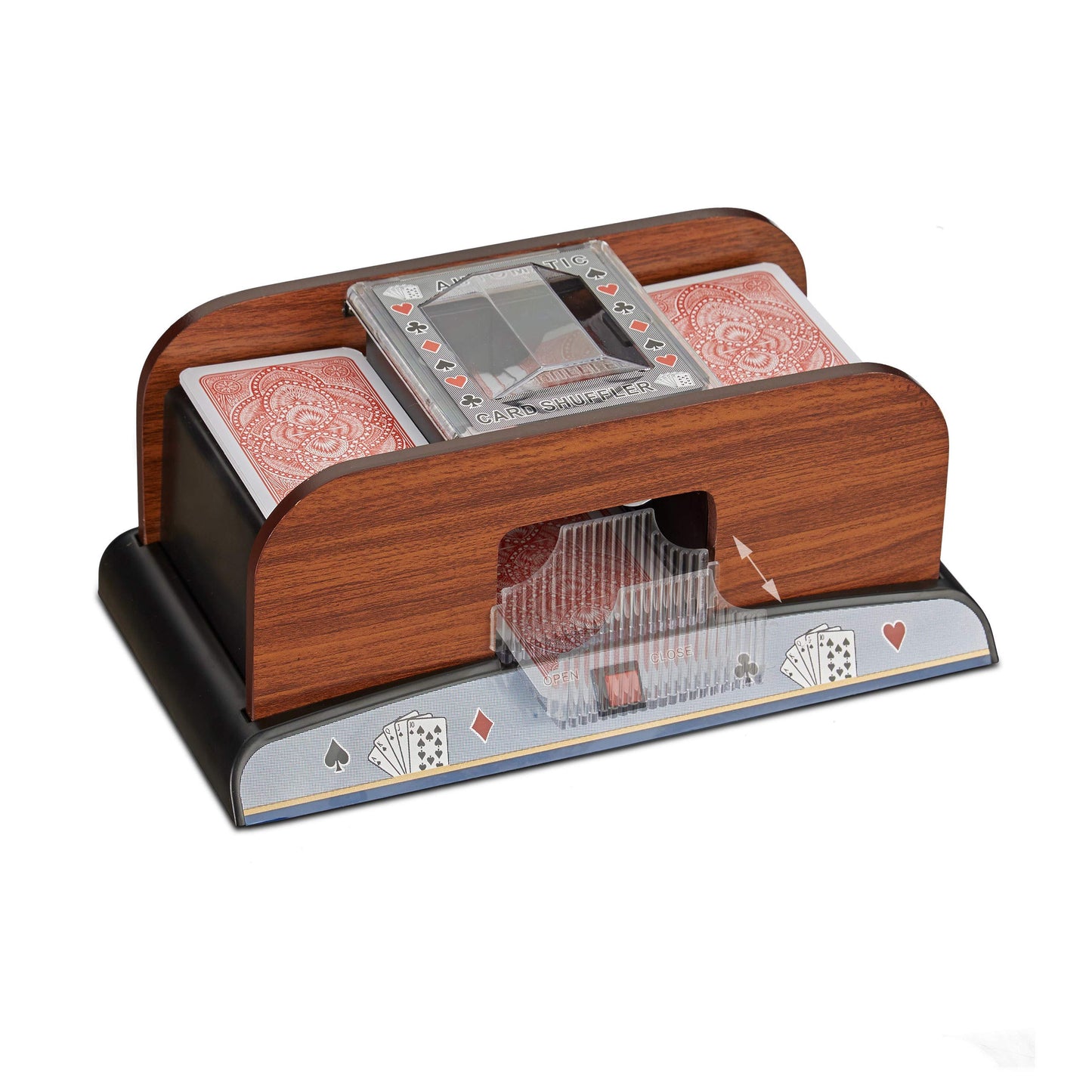 Mixer automat de cărți Relaxdays, 2 seturi de cărți de poker Rommy cu baterii, aspect din lemn, natural, pentru cărți de 8,8 x 6,3 cm.