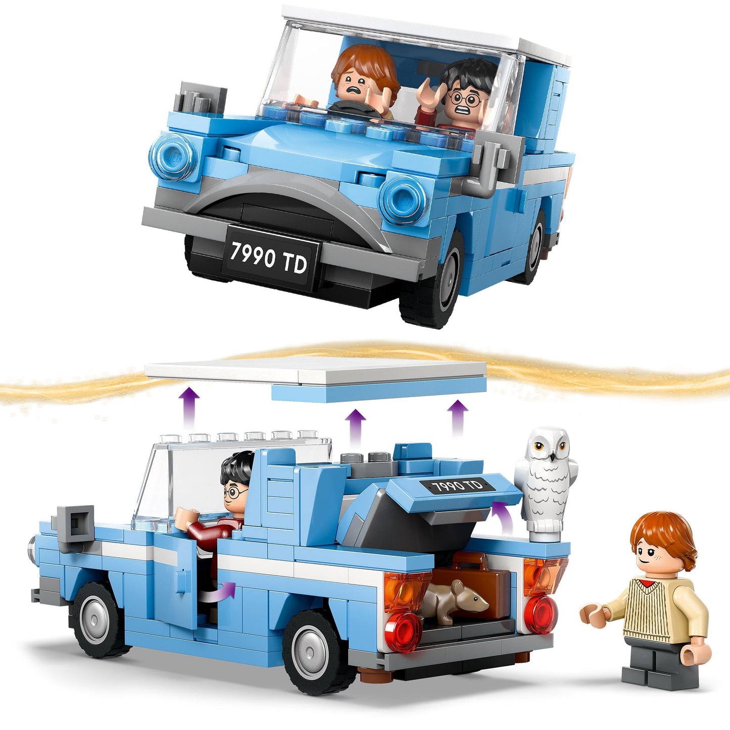 LEGO Harry Potter Ford Anglia Zburător, mașină de jucărie pentru copii, cadou pentru băieți, fete și fani de peste 7 ani, set cu 2 mini-figuri inclusiv Ron Weasley pentru jocuri de rol 76424