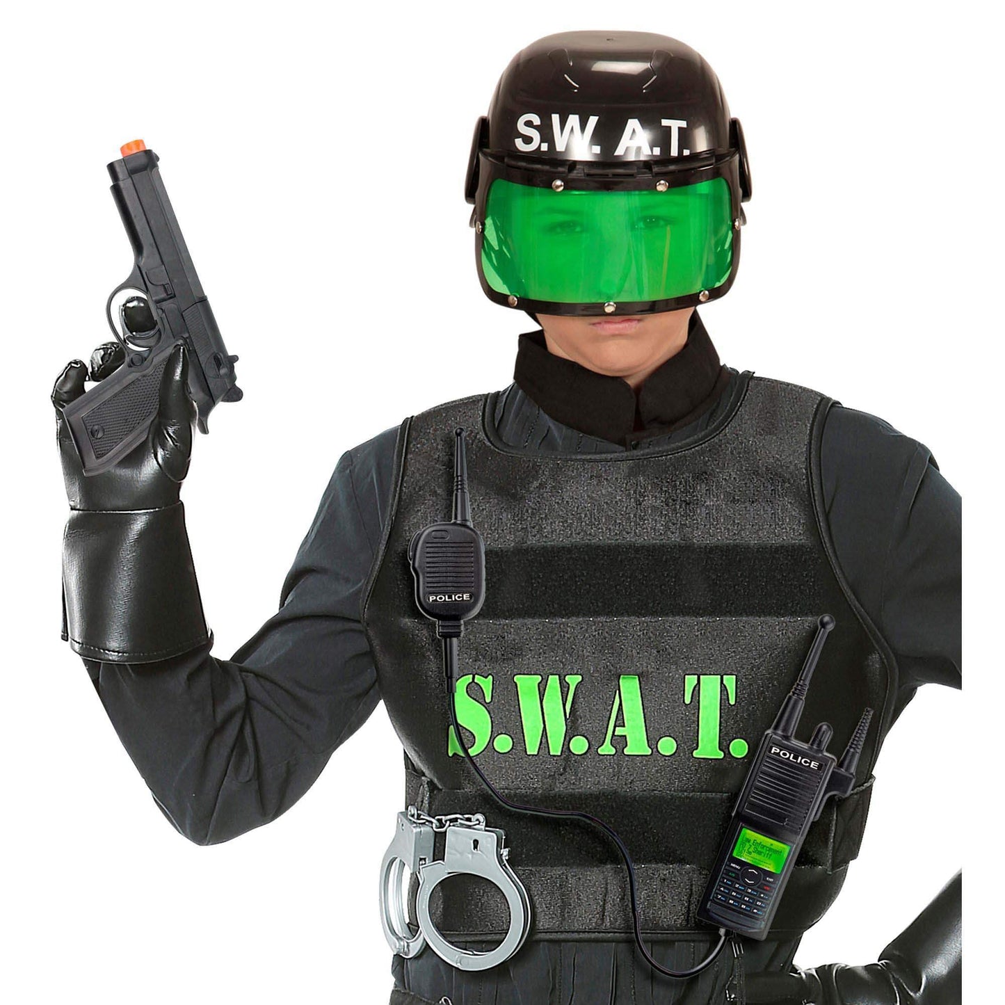 WIDMANN MILANO Party Fashion 28227 - Costum S.W.A.T. pentru copii, cu cască, pistol și stație radio, negru, special pentru carnaval și petreceri tematice