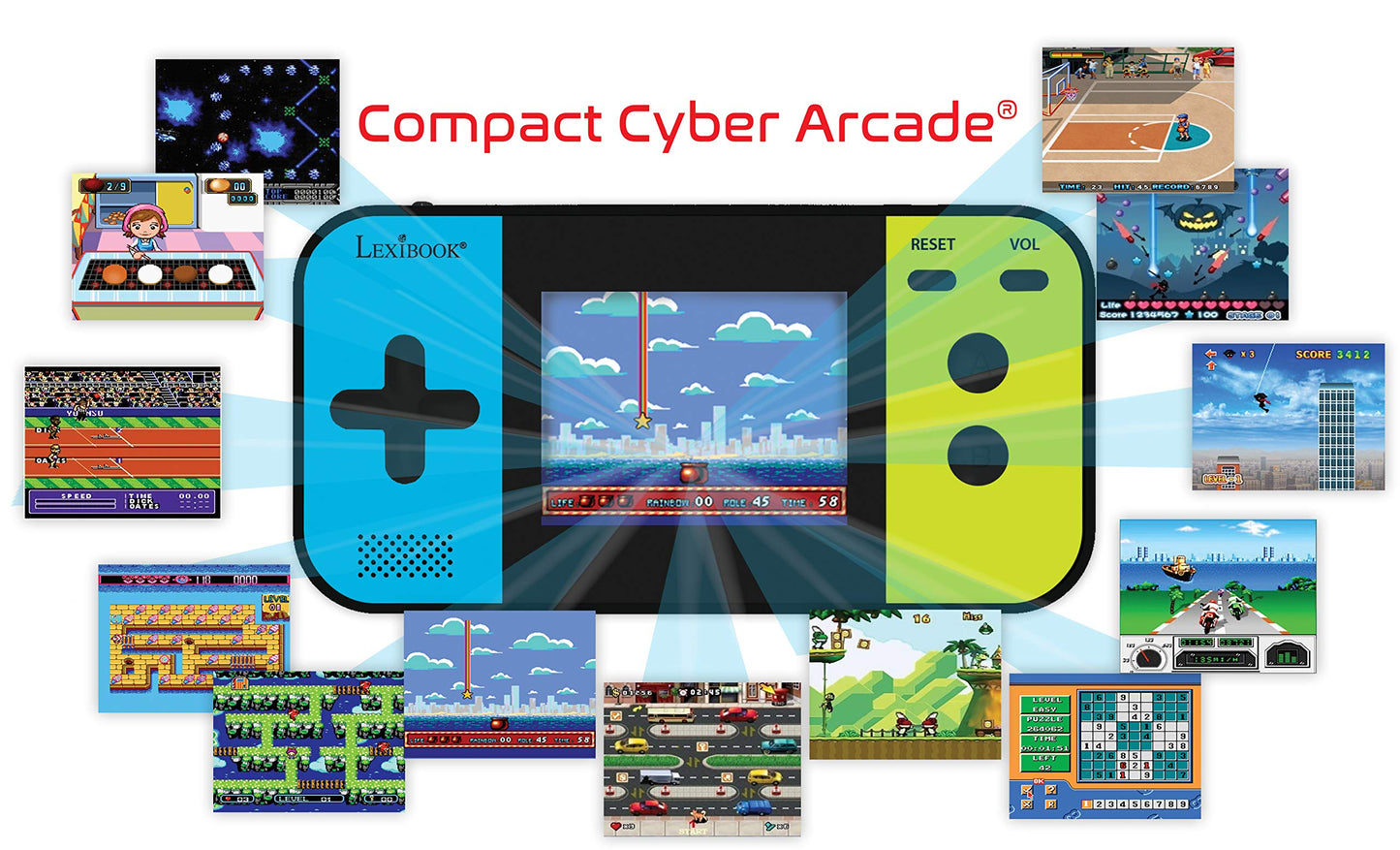 Lexibook Compact Cyber Arcade - Consolă de jocuri portabilă cu 250 jocuri, LCD, alimentată cu baterii, pentru copii, negru/albastru/verde, JL2377