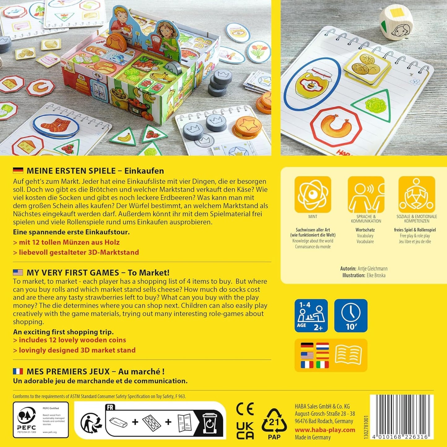 HABA Meine ersten Spiele Set de societate Cumpărături cu stand de piață 3D, bani de jucărie din lemn și liste de cumpărături de la 2 ani