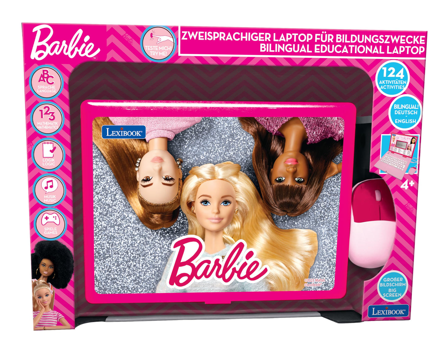 Laptop educativ și bilingv în engleză/ germană Lexibook Barbie, cu 124 de activități pentru învățare, joacă și muzică, roz, JC598BBi3