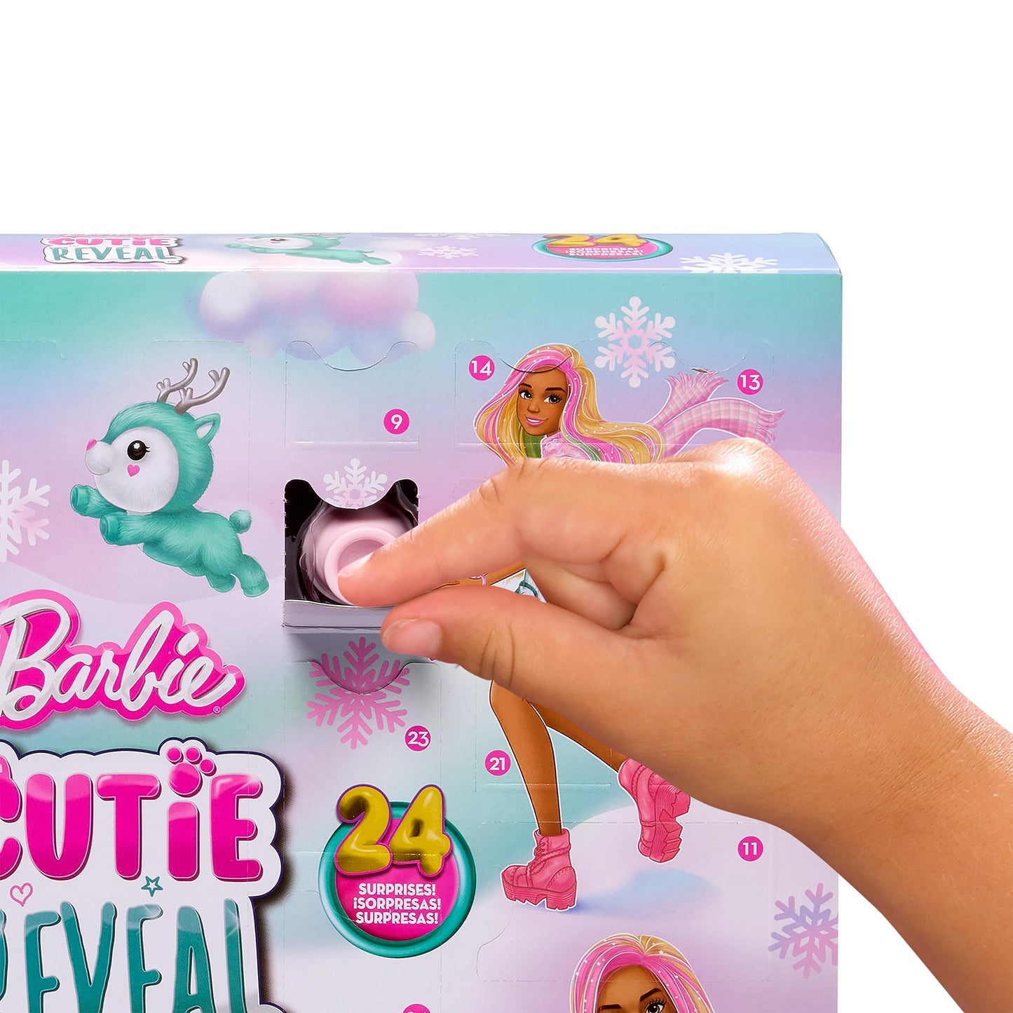 Barbie Cutie Reveal Calendar de Advent - 24 Surprize, Păpușă, Ren Strălucitor, Îmbrăcăminte de Iarnă, Accesorii, Mini Animaluțe, pentru Copii de la 3 Ani, HJX76