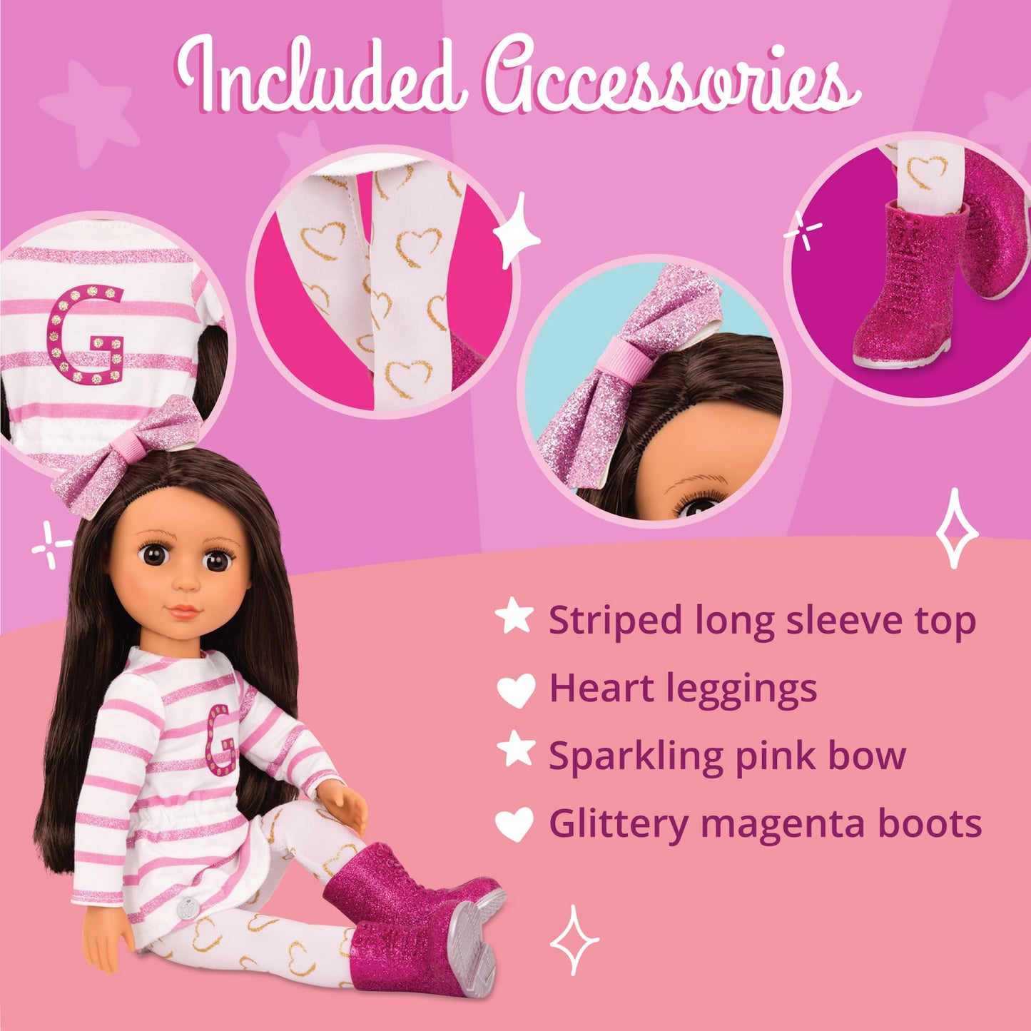 Păpușa Glitter Girls Sarinia – Păpușă mobilă de 36 cm cu haine, accesorii și păr lung pentru coafat - Jucărie pentru copii de la 3 ani (6 piese), Roz-alb