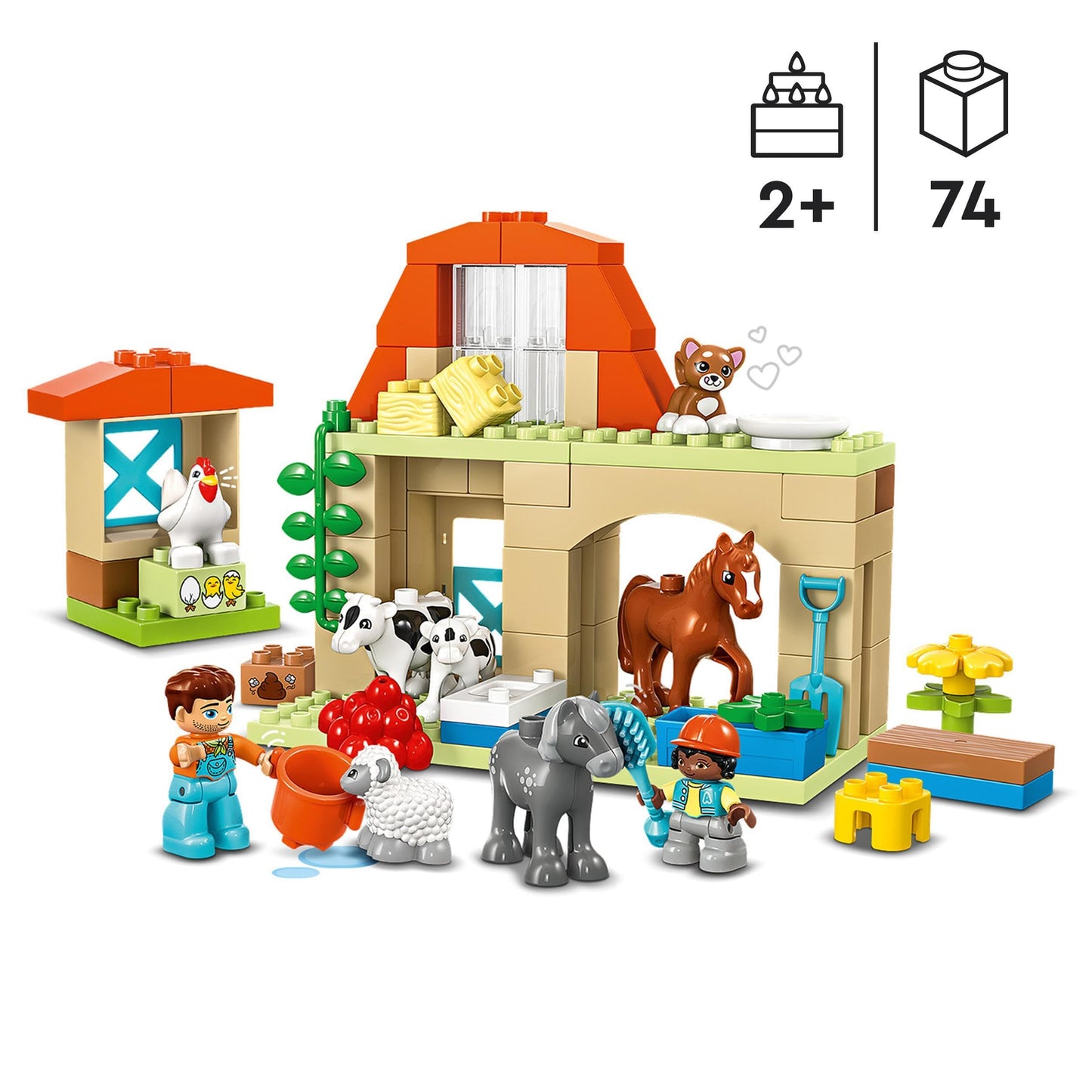 LEGO DUPLO Town Îngrijirea Animalelor la Ferma, Jucărie pentru Copii de la 2 Ani, cu Figurine de Animale de Fermă pentru Jocuri de Rol, inclusiv Cal, Vacă și Oaie, Jucărie Educațională pentru Fete și Băieți 10416
