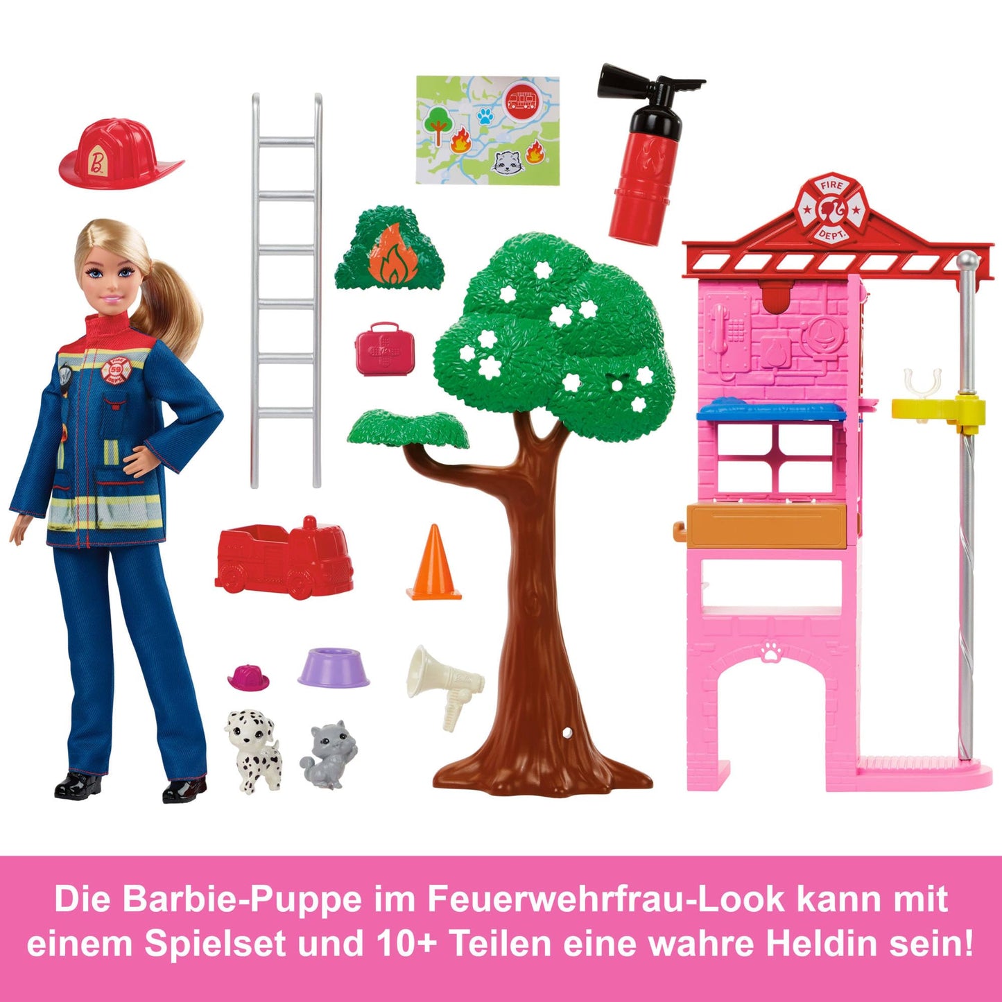 Păpușa Barbie - Carieră Pompier cu Set de Joacă: Stație de Pompieri, Copac, 2 Animale, Efect de Schimbare a Culorii și Peste 10 Accesorii, Inclusiv Extinctor cu Funcție de Stropire, Cod HRG55