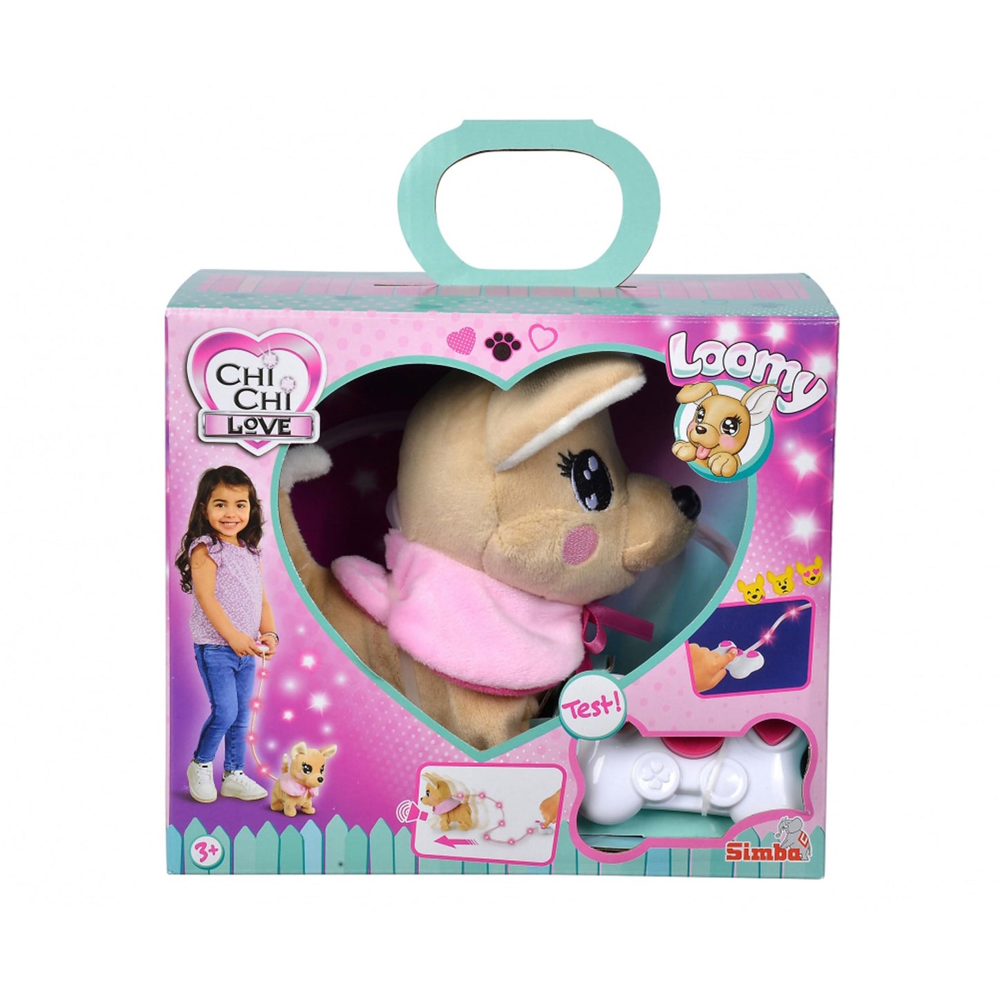 Simba 105893542 - ChiChi Love Loomy, cu control prin cablu luminos, poate să alerge, să latre și să agite coada, 20cm, pentru copii de la 3 ani, roz.