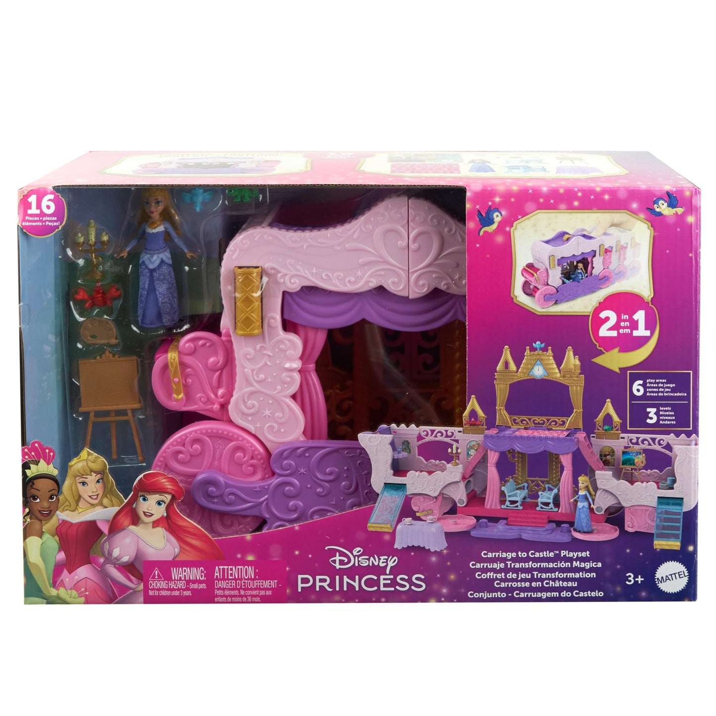 Set de joacă Mattel Disney Prințesă cu trăsură către castel, păpușă Aurora, 3 niveluri, 6 zone de joacă, 4 figurine, mobilier și accesorii HWX17