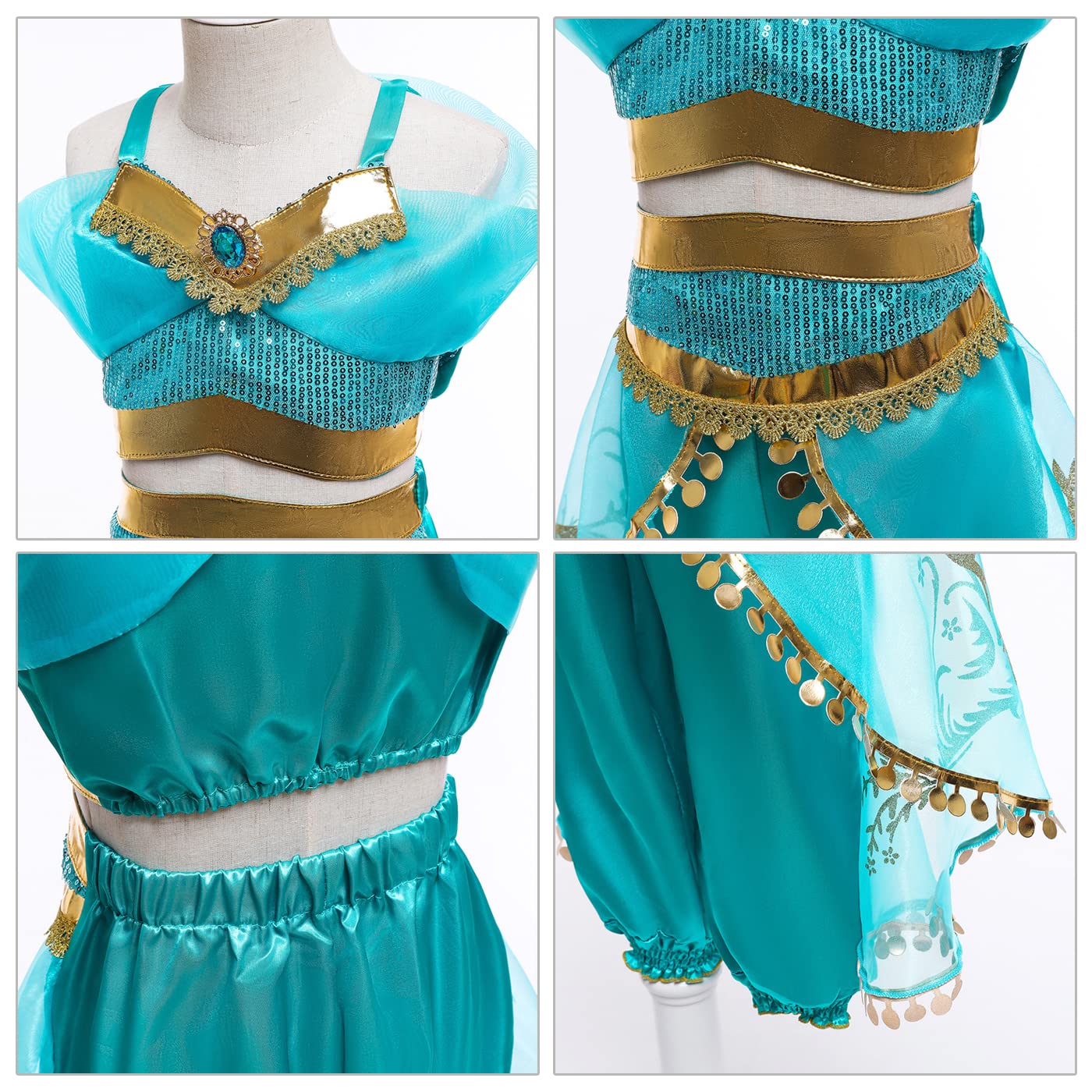 Costum de prințesă Jasmin pentru fete cu perucă - Costum Aladdin pentru copii, rochie de prințesă pentru Crăciun, zi de naștere, petrecere, Halloween, carnaval, cosplay.