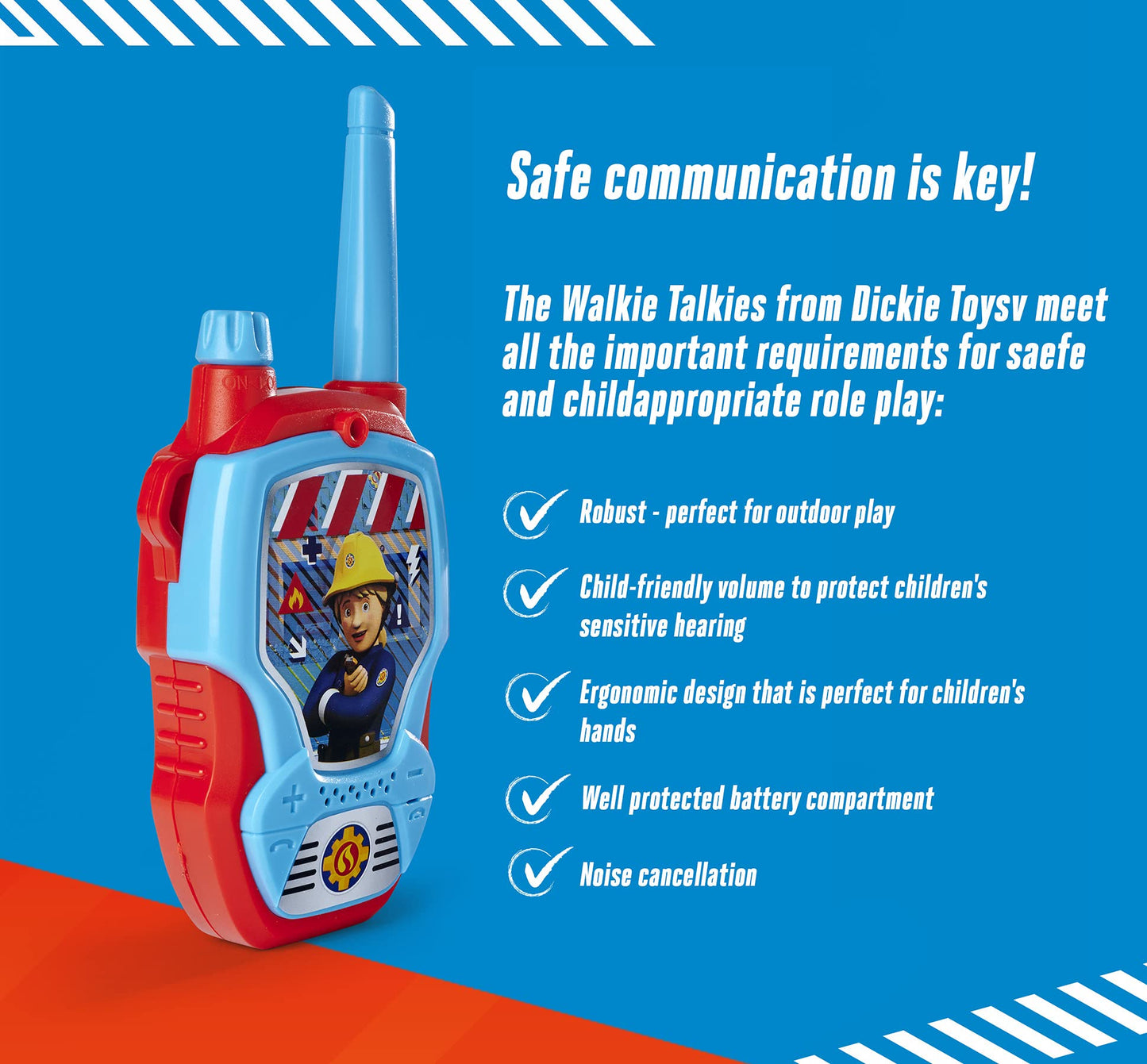 Dickie Toys – Walkie Talkie Feuerwehrmann Sam – 2 Dispozitive de Comunicație, Special Concepute pentru Copii de la 4 Ani, cu O Rază de Acțiune de Până la 100 m, Jucării de Comunicație Roșii