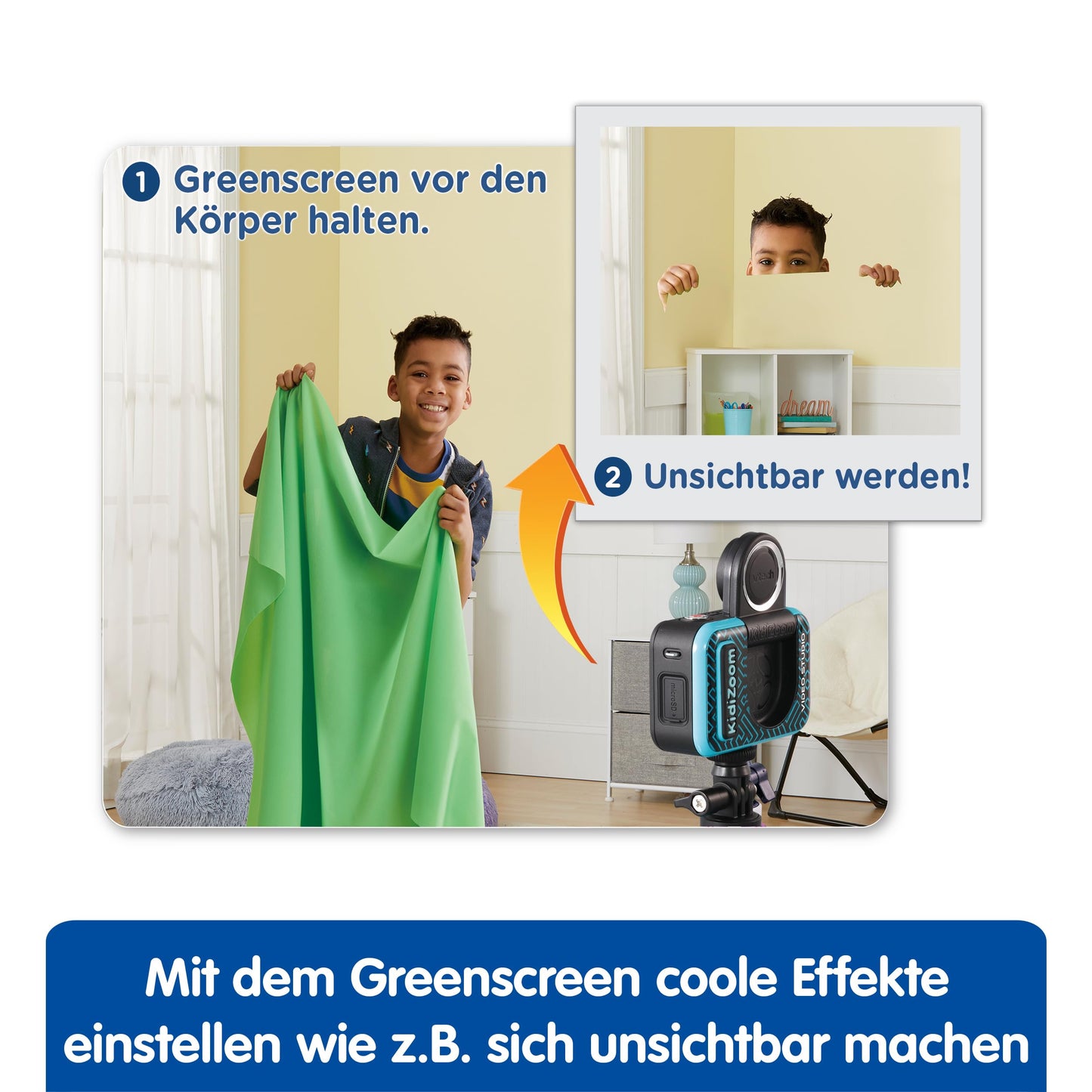 VTech Kidizoom Video Studio HD albastru – Cameră pentru copii cu Greenscreen, stativ, efecte, cameră pentru selfie și multe altele – Pentru copii de 5-12 ani