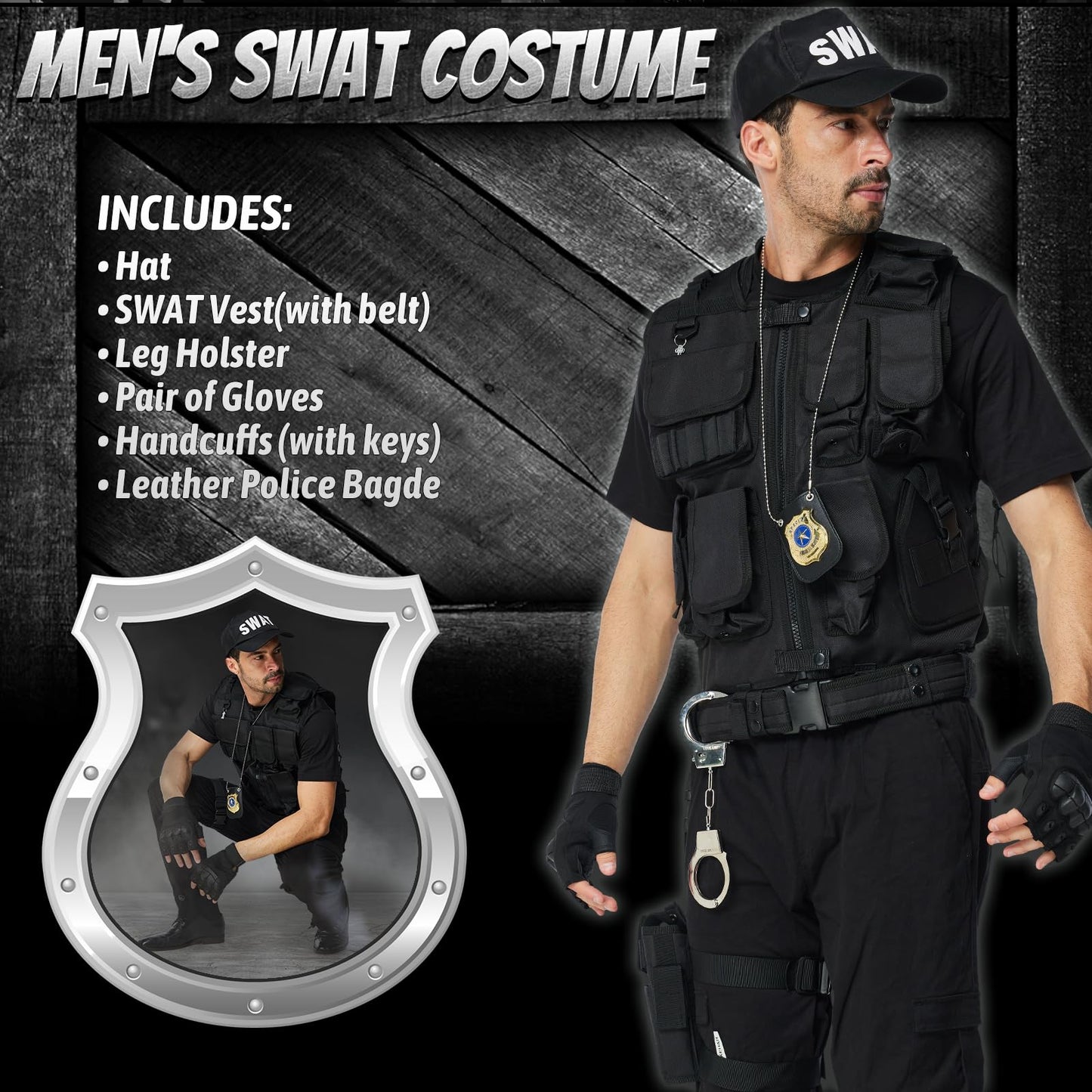 Costum Ulikey SWAT pentru bărbați, vestă poliție, costum de securitate cu vestă, șapcă, suport pentru pistol și curea pentru cosplay, Halloween, carnaval, petreceri.