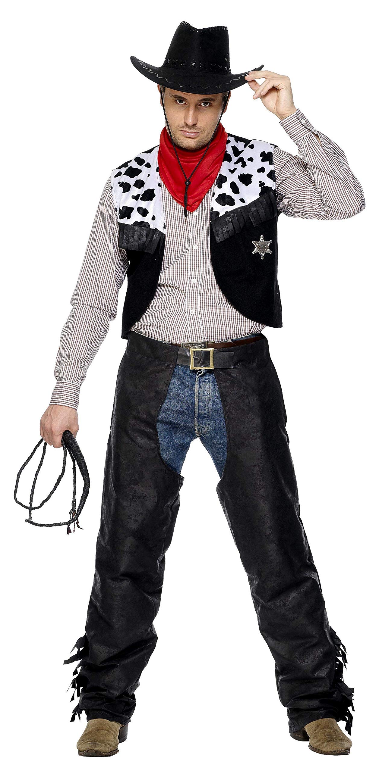 Costum de cowboy Smiffys, negru, cu chaps, vestă, curea și batic.