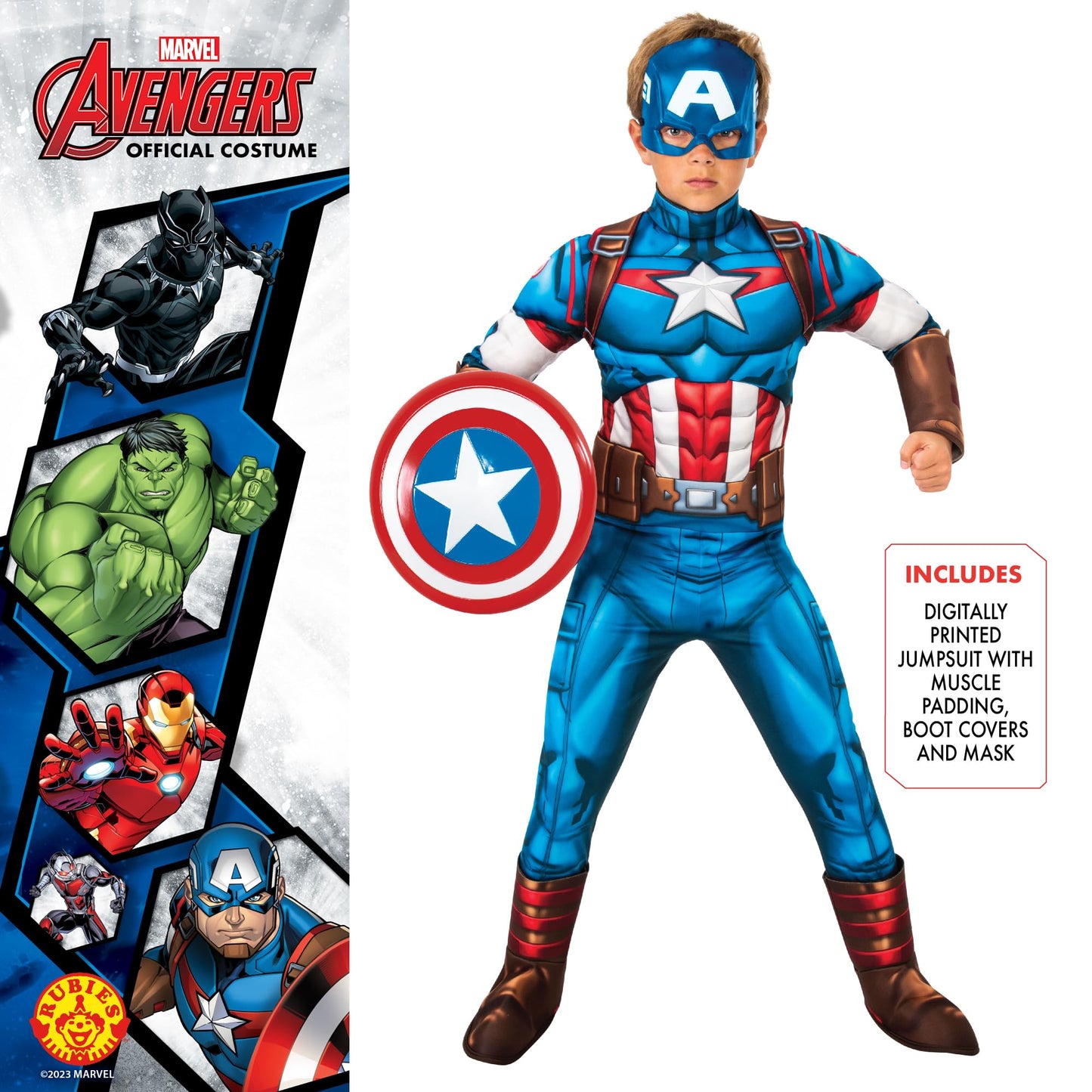 Costum Deluxe Captain America pentru băieți/fete Rubies, cu piept căptușit, cizme și mască, costum oficial Marvel, 7-8 ani (122-128 cm) Halloween