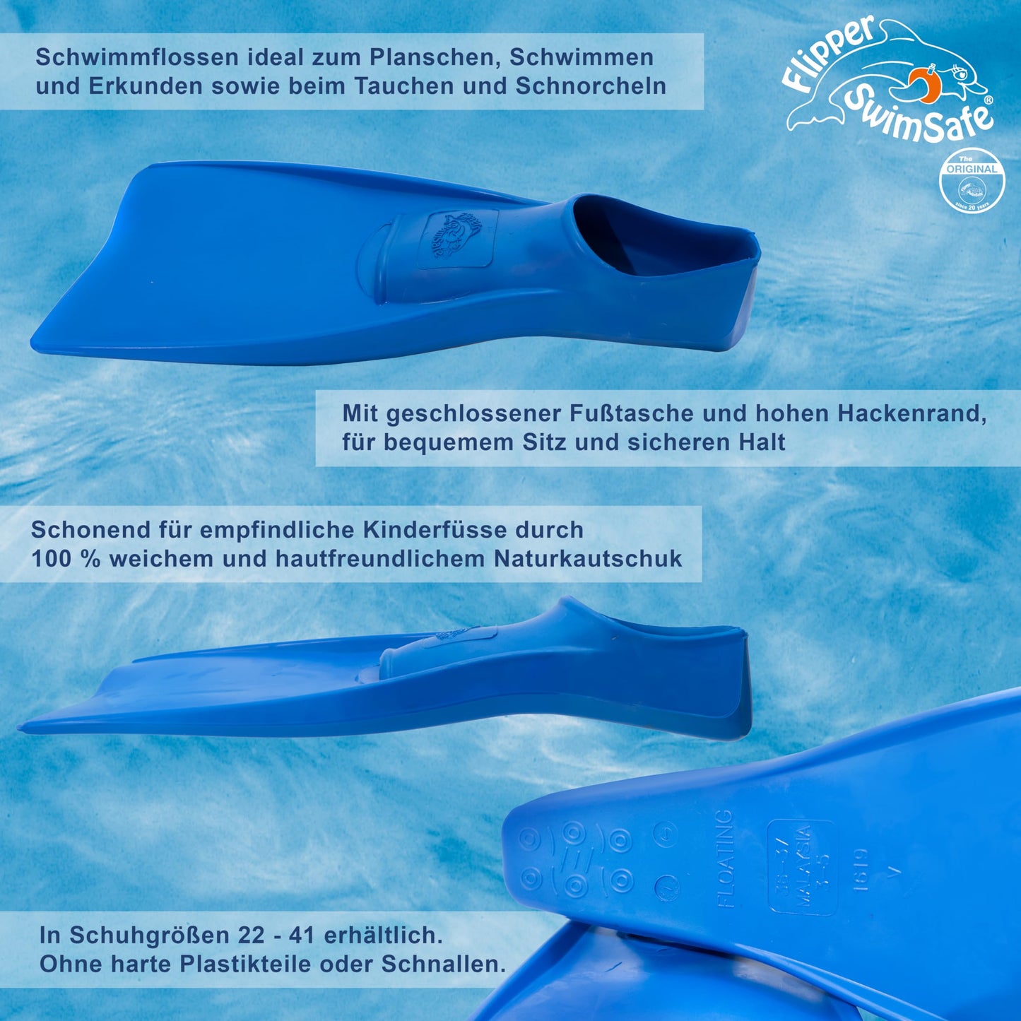 Flipper SwimSafe 1121 - Labe înot pentru copii și sugari, albastre, mărime 26-28, din cauciuc natural, ca ajutor la înot pentru distracție fără griji.