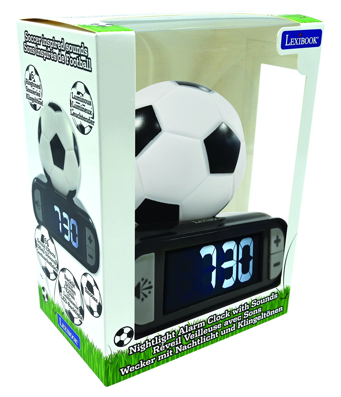 Ceas deșteptător Lexibook cu tematică fotbal, sunete și melodii, ecran LCD cu iluminare de fundal, afișaj luminos, funcție de snooze, negru/alb, model RL800FO