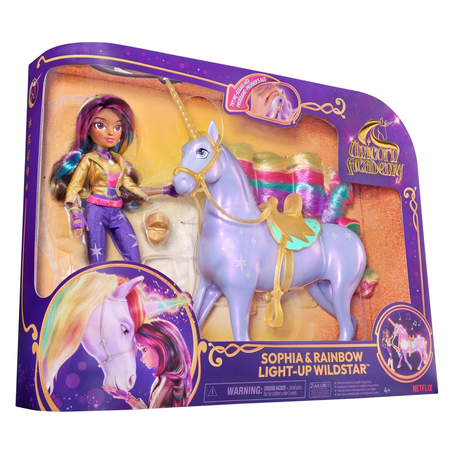 Academia Unicornilor - Sophia și Magia Luminii Wildstar - Unicorn de 28 cm cu efecte de lumină și sunet și păpușă de 24 cm complet mobilă, inspirată de seria Netflix, pentru copii de la 4 ani.