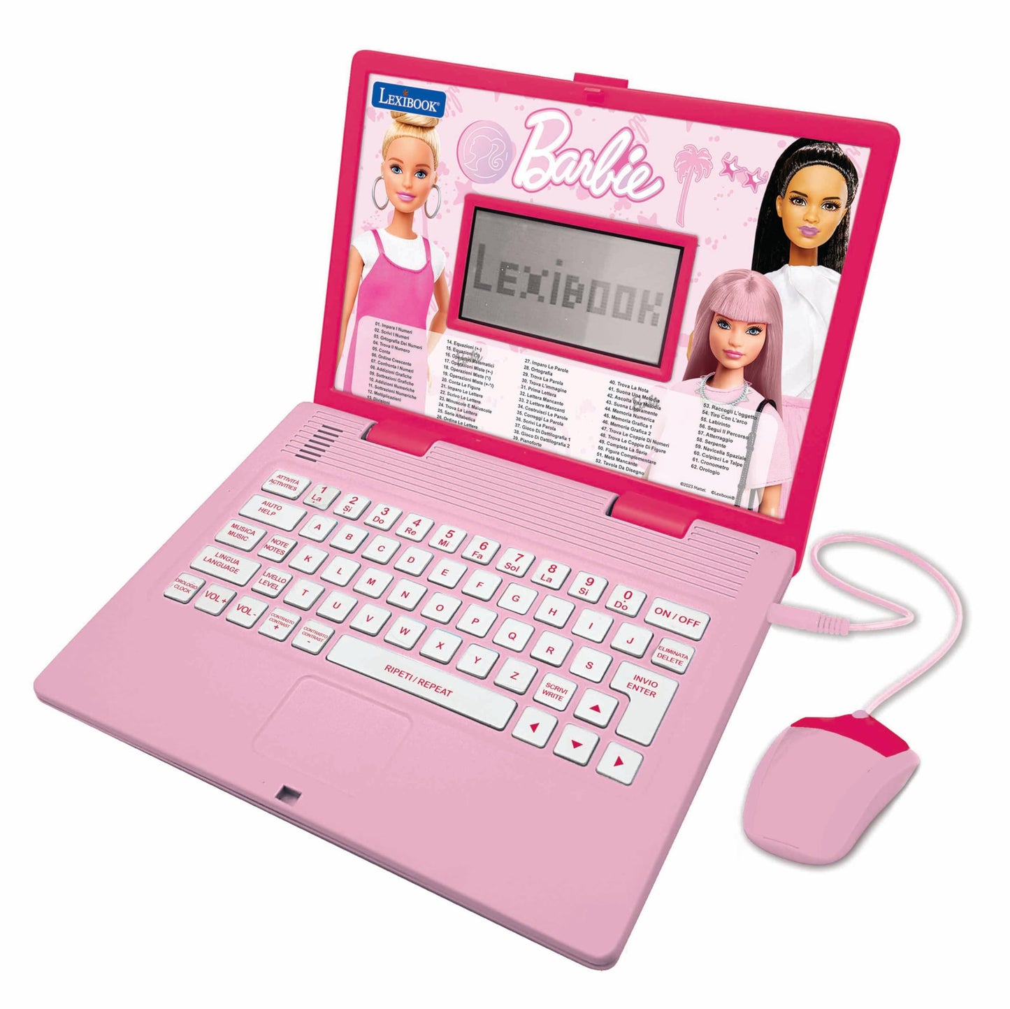 Laptop educativ Lexibook JC598BBi5 Barbie, bilingv (engleză/italiană), cu 124 de activități pentru învățare, joacă și muzică, roz.