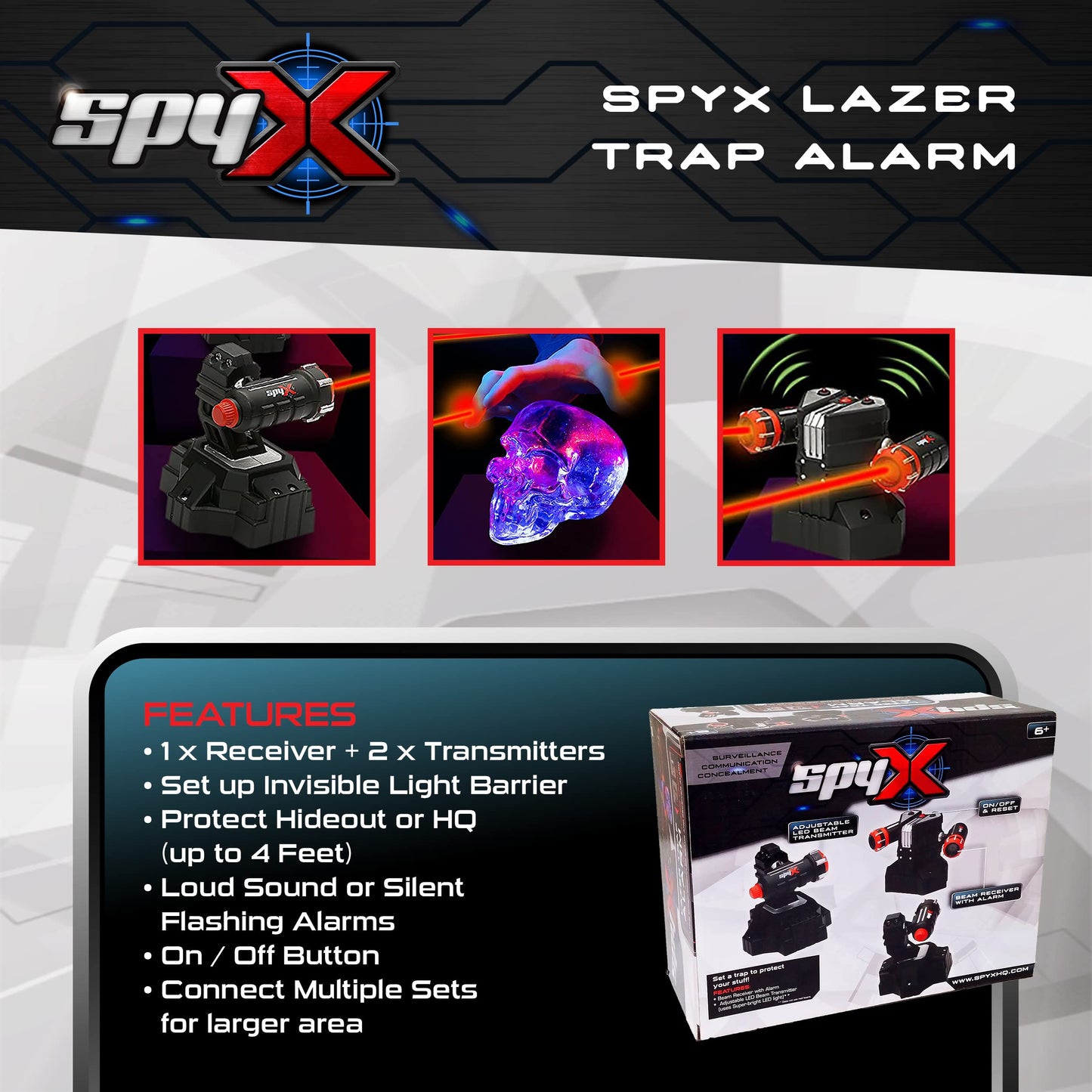 SpyX Alarm cu laser pentru copii – Protejează-te cu raze invizibile cu LED pentru misiuni de spionaj distractive – inclusiv 2 raze super luminoase și alarmă de recepție, de la 6 ani.