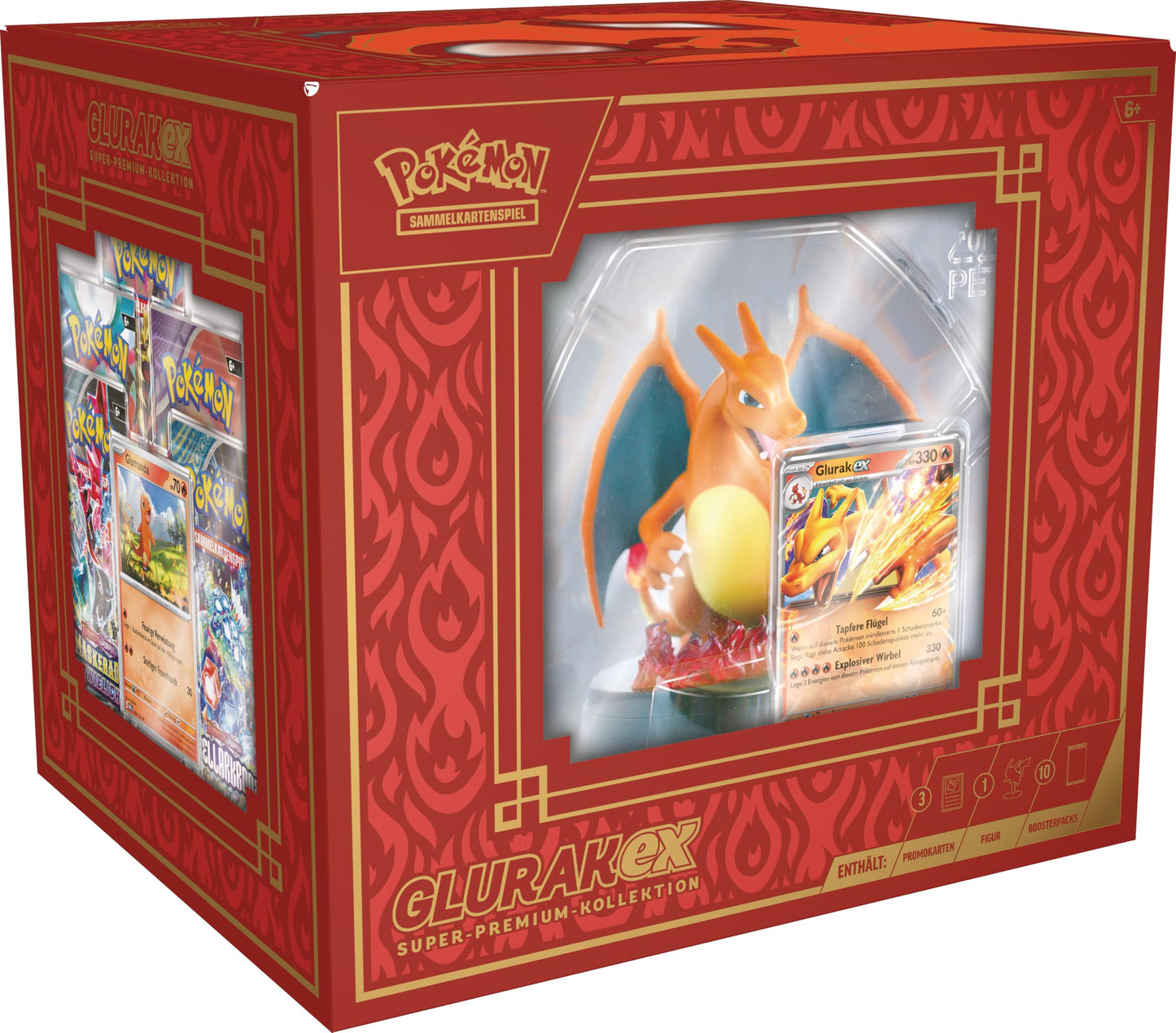 Colecția Super Premium Glurak-ex Pokémon: 3 cărți promoționale holografice, 1 figură de expunere și 10 pachete booster.