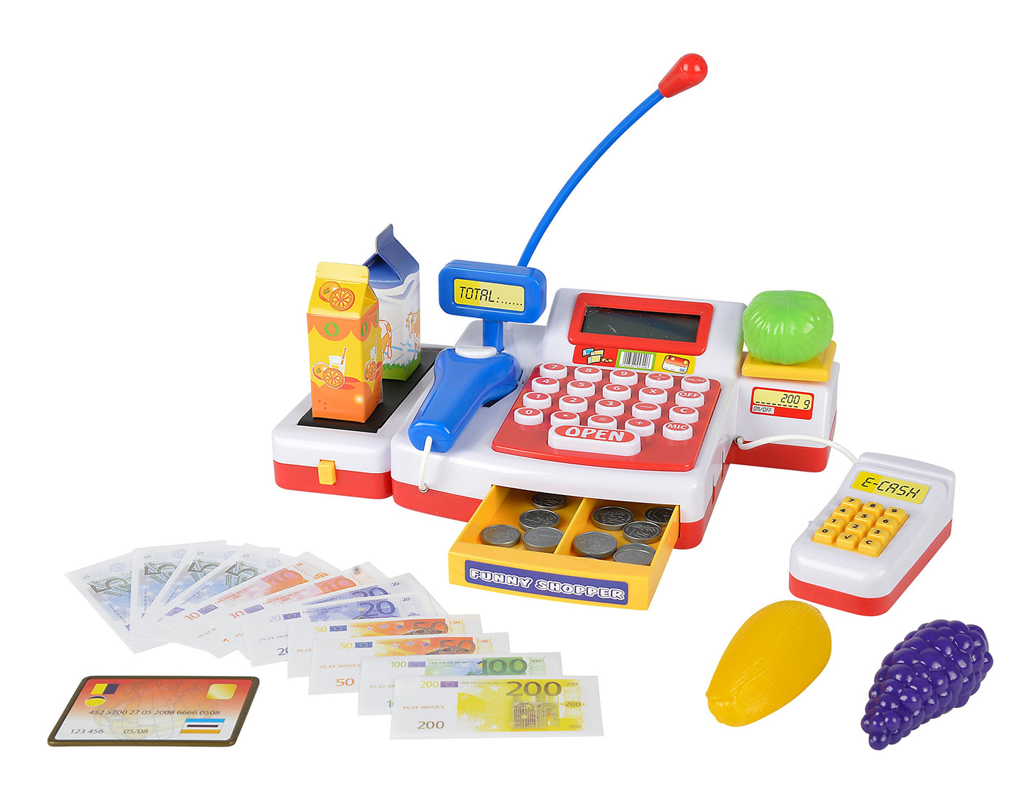 Simba 104525700 - Casă de marcat cu scanner, calculator, bandă de rulare, cititor de carduri, alimente, 16 monede, 13 bancnote, 36 luni - 8 ani