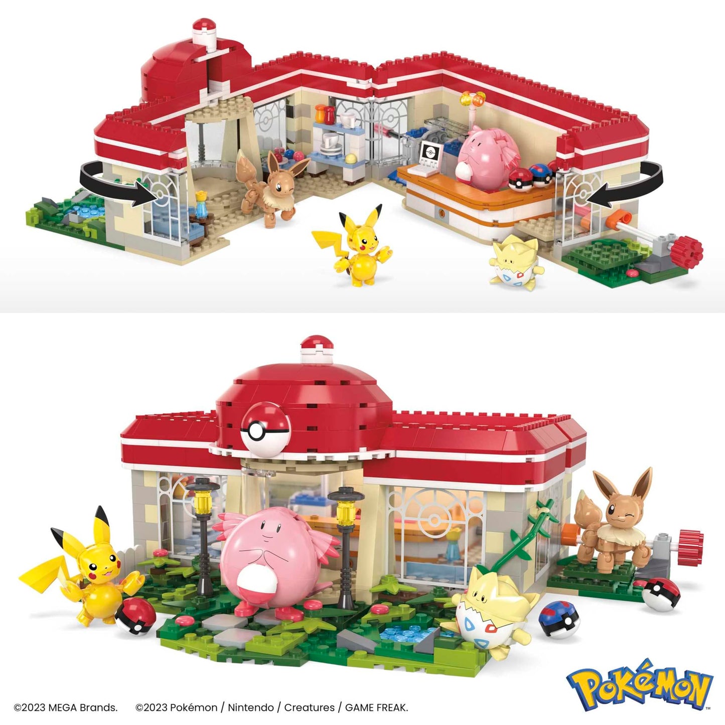 Mega Bloks HNT93 Set de construcție Pokémon 648 piese cu Pikachu, Chaneira, Evoli și Togepi pentru copii de la 8 ani
